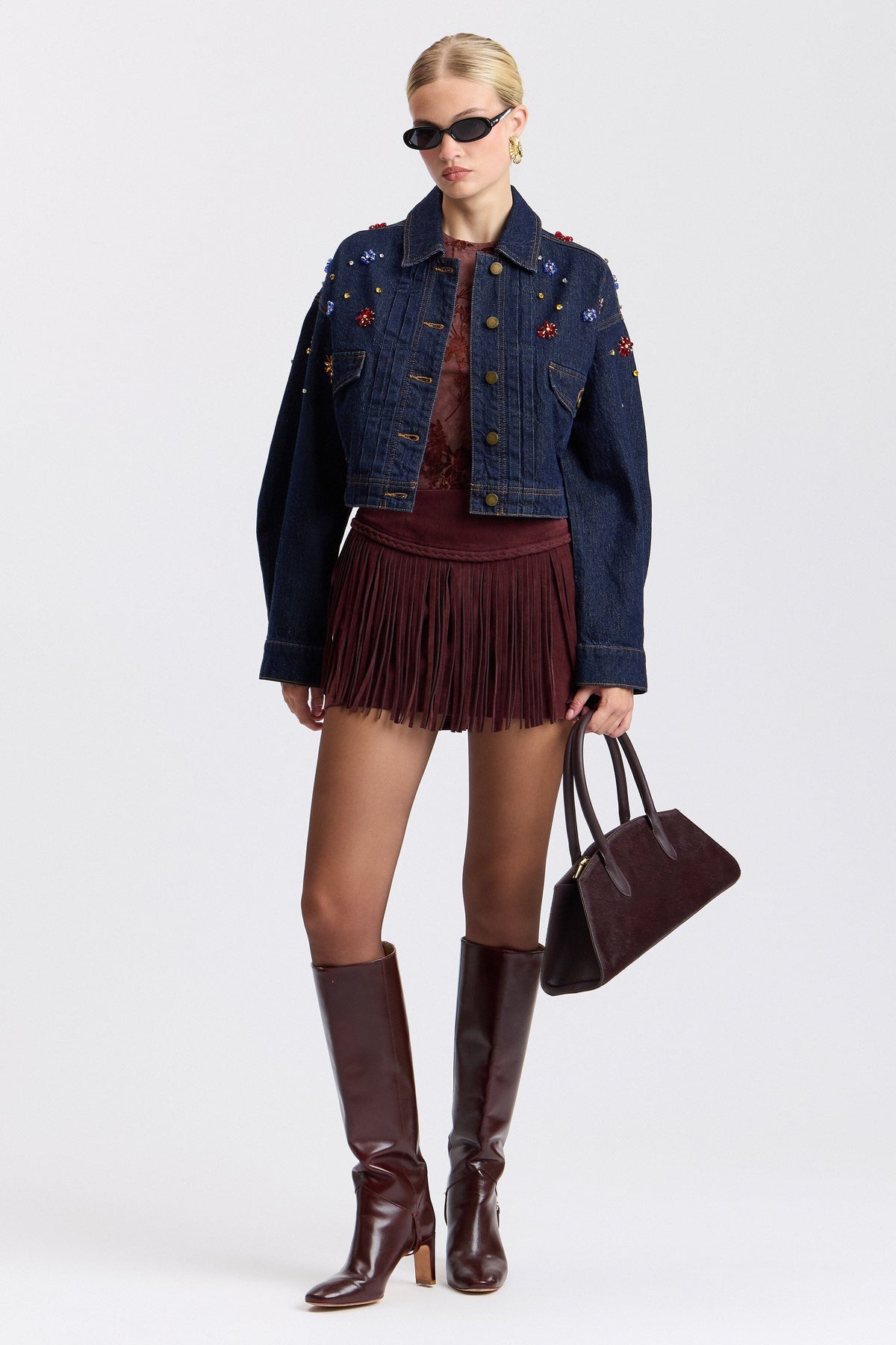 Dark blue denim cropped denim jacket for women with a point collar - Shop designer jackets by Avec Les Filles.