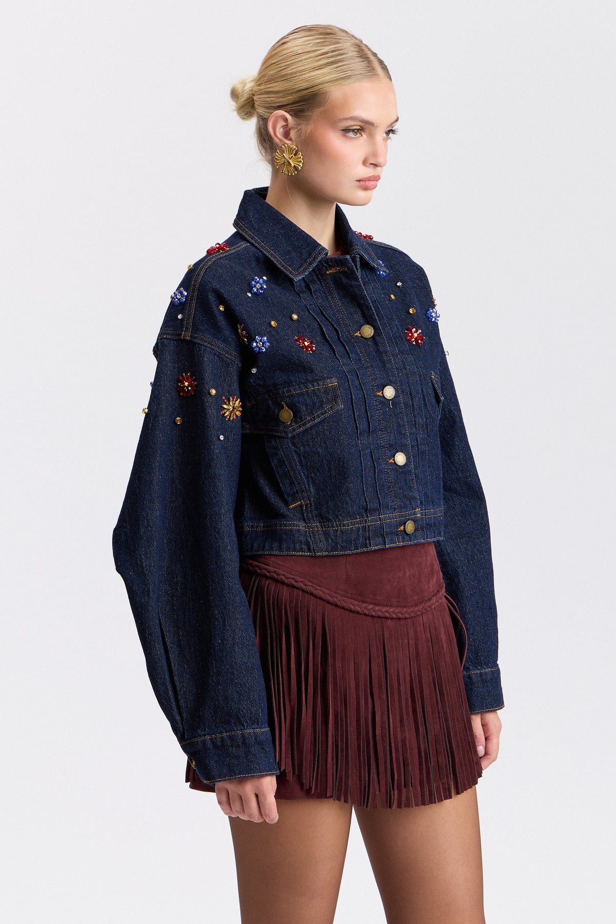 Dark blue womens jean jacket with rhinestones - Shop designer cropped jackets by Avec Les Filles.