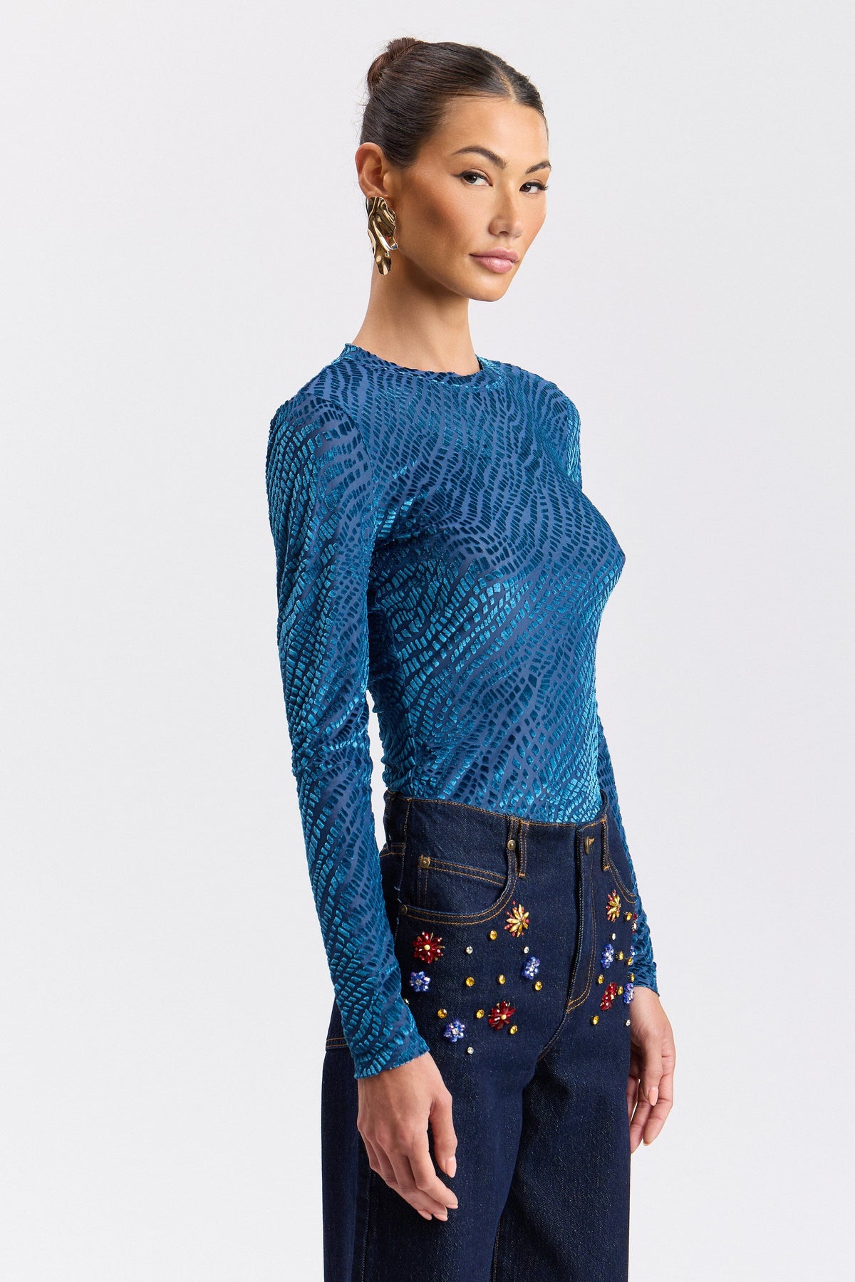 Burnout velvet shirt mesh long-sleeve top with crew neck - Shop women's cute velvet tops by Avec Les Filles.