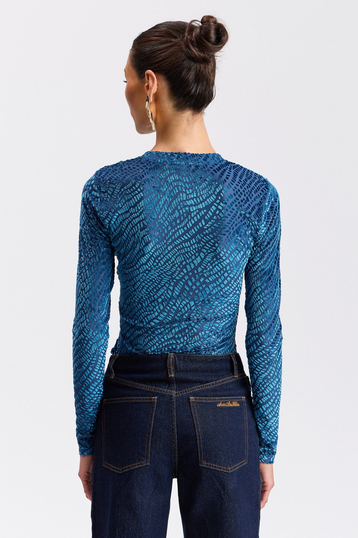 Burnout velvet mesh blue long sleeve womens tops - Shop designer women's cute velvet tops by Avec Les Filles.