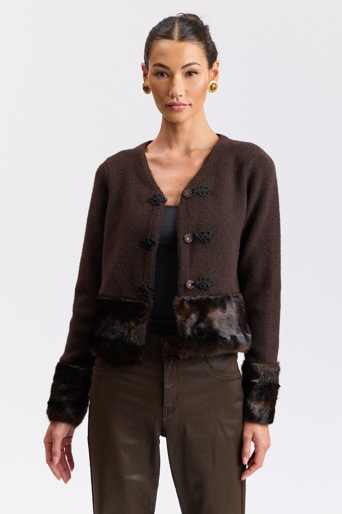 Faux Fur-Trimmed Frog-Closure Cardigan Sweater Avec Les Filles 