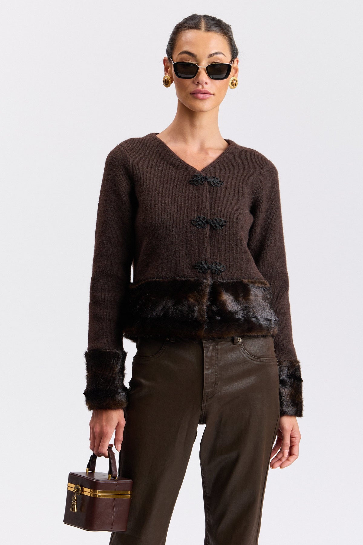 Brown faux fur sweater with long sleeves - Shop designer women's cute cardigans by Avec Les Filles.