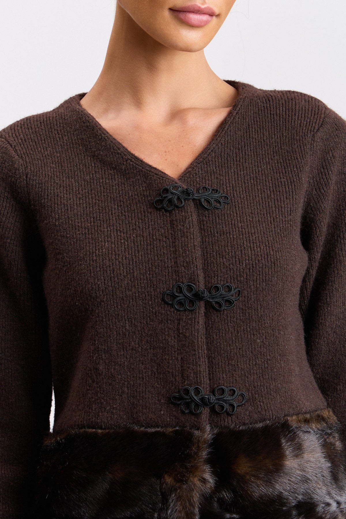 Faux fur-trimmed frog-closure brown cardigan - Shop designer women's cute cardigans by Avec Les Filles.