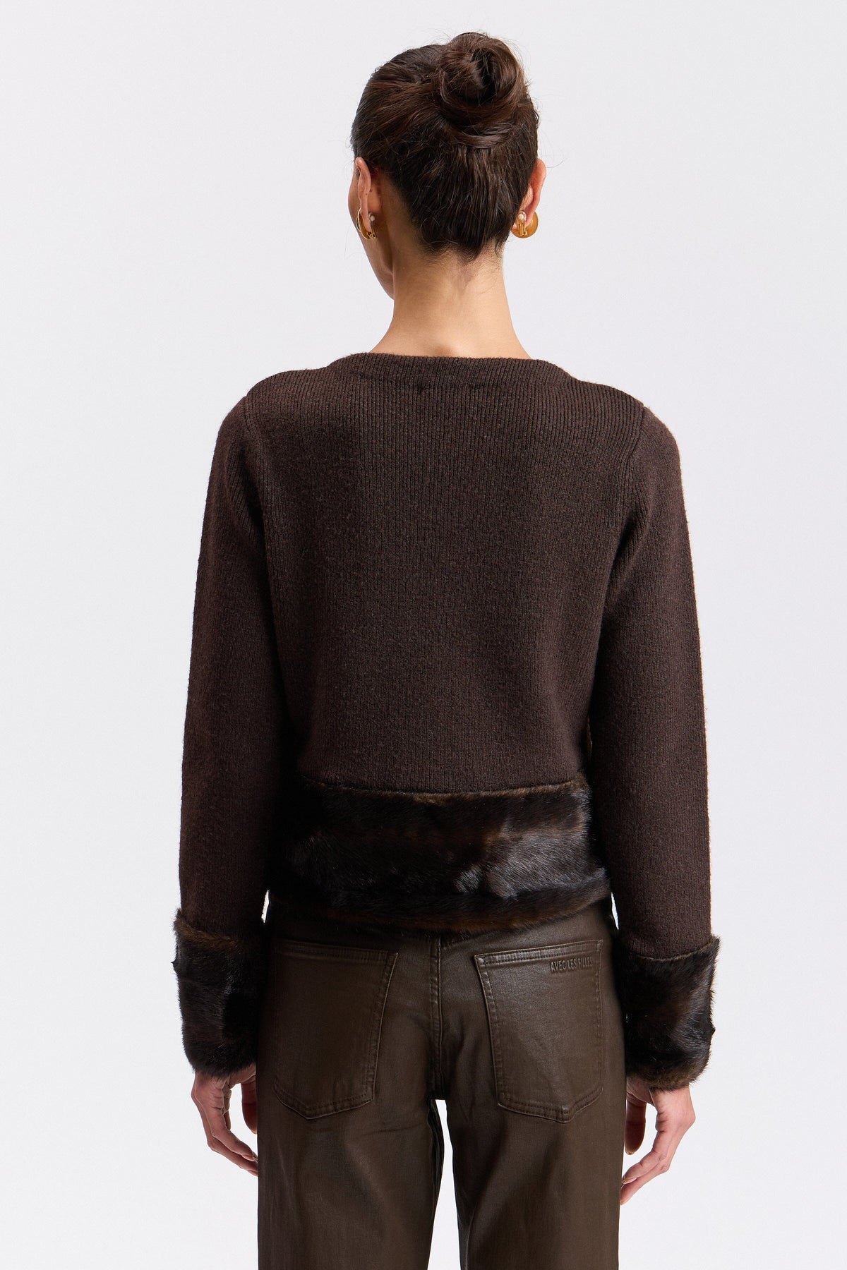 Faux fur-trimmed frog-closure chocolate brown sweater - Shop designer women's cute cardigans by Avec Les Filles.