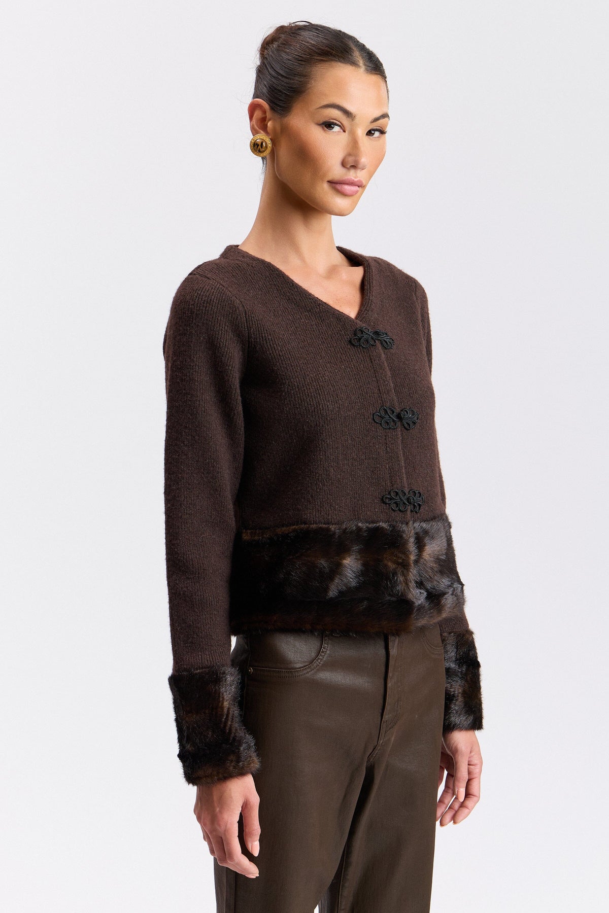 Dark brown cardigan sweater with a crew neck - Shop designer women's cute cardigans by Avec Les Filles.