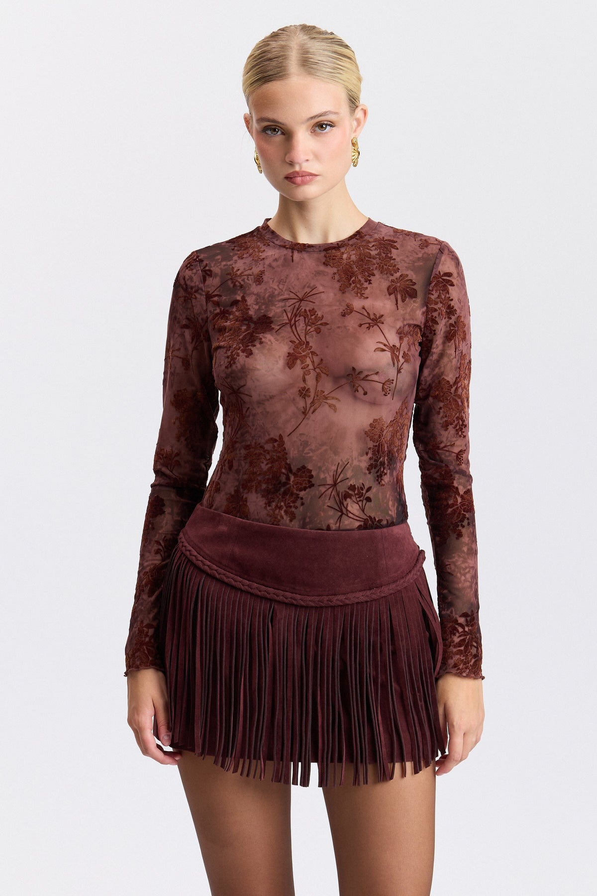 Stretch long-sleeve wine floral mesh top with a mock neck - Shop women's cute floral tops by Avec Les Filles.