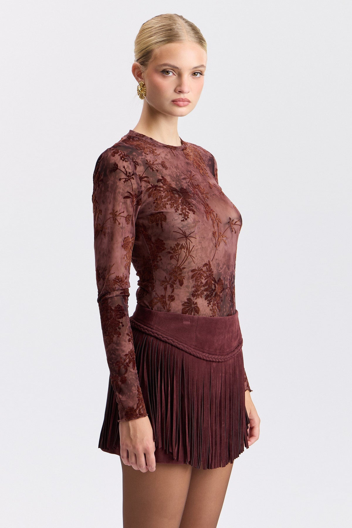 Stretch long-sleeve wine floral mesh top women with a mock neck - Shop cute floral tops by Avec Les Filles.