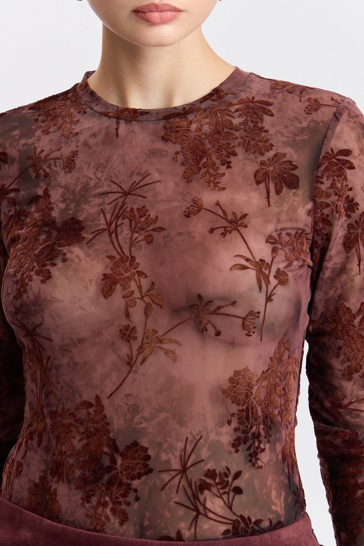 Floral red sheer mesh top with a mock neck - Shop designer women's cute floral tops by Avec Les Filles.