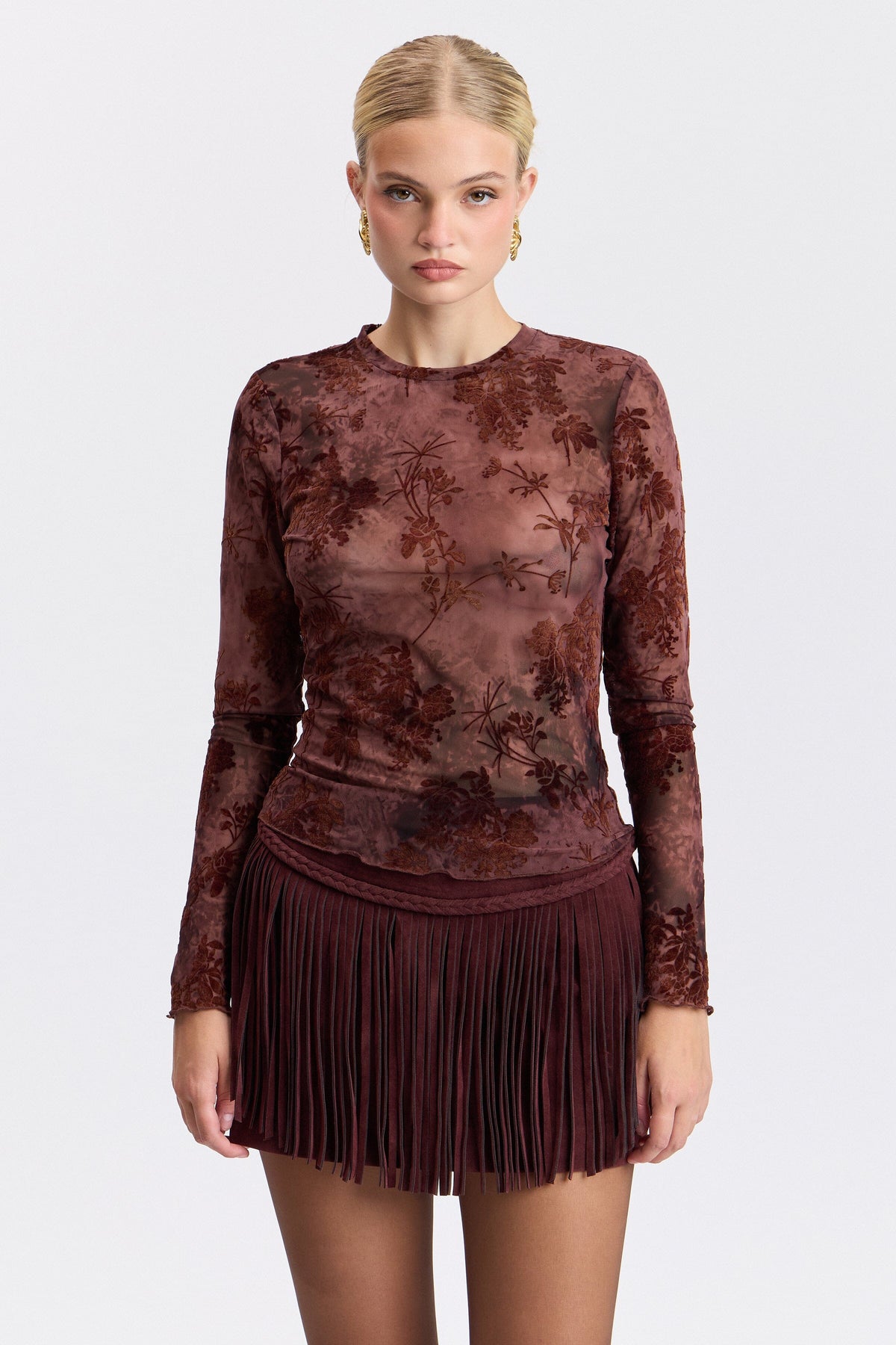Stretch long-sleeve wine floral mesh top with a mock neck - Shop women's cute floral tops by Avec Les Filles.