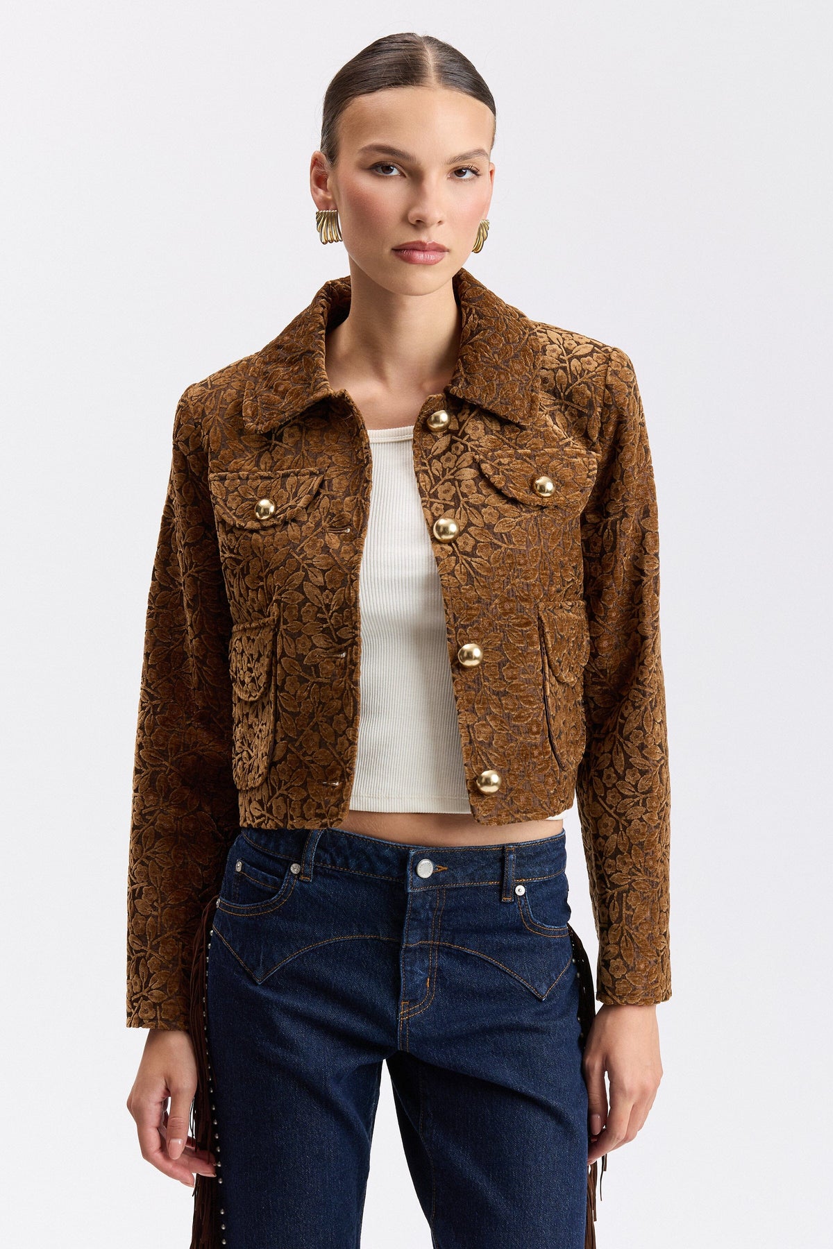 Flocked floral jacquard brown cropped jacket with a point collar - Shop women's jackets by Avec Les Filles.