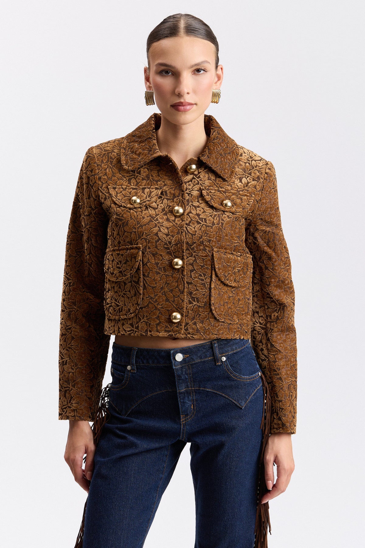 floral jacquard brown women's jackets with a point collar and button front - Shop cute jackets by Avec Les Filles.