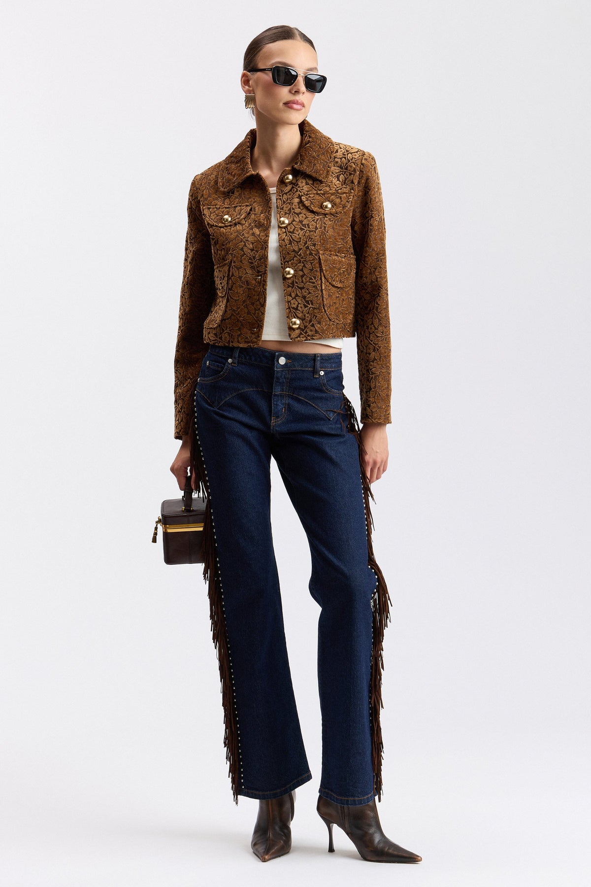 Brown cropped jacquard jacket with a point collar and button front - Shop women's jackets by Avec Les Filles.
