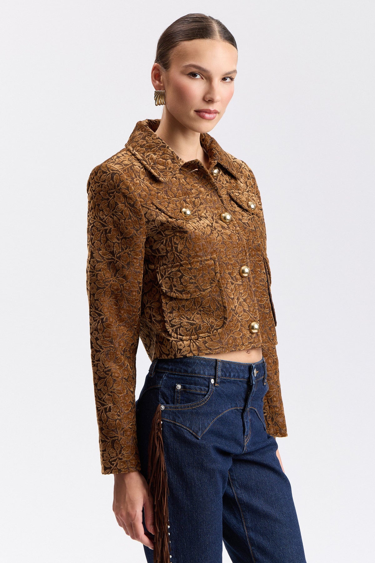Floral women's jacket brown with a point collar and button front - Shop women's brown jackets by Avec Les Filles.