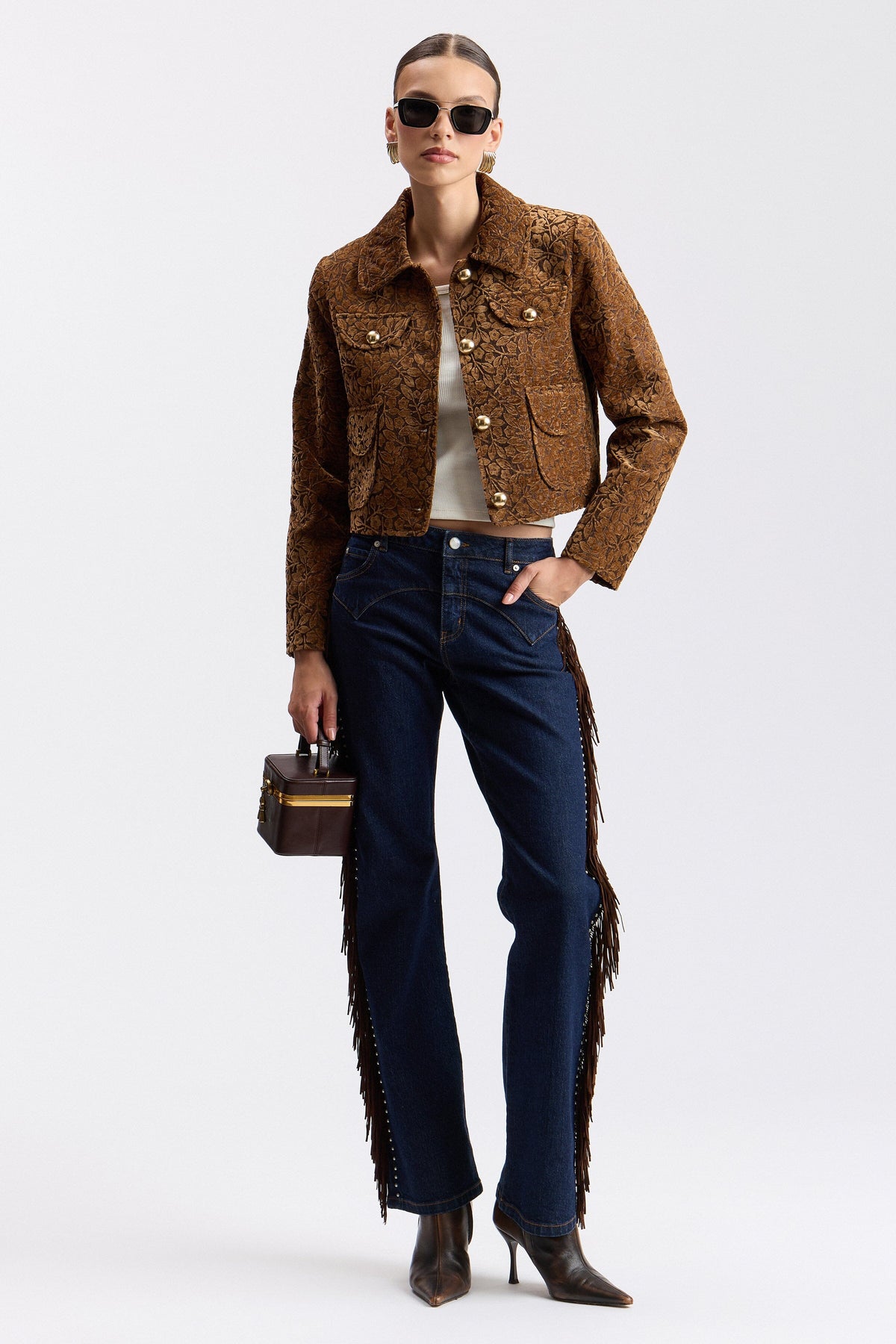 Floral jacquard brown cropped jacket with a point collar - Shop women's brown jackets by Avec Les Filles.