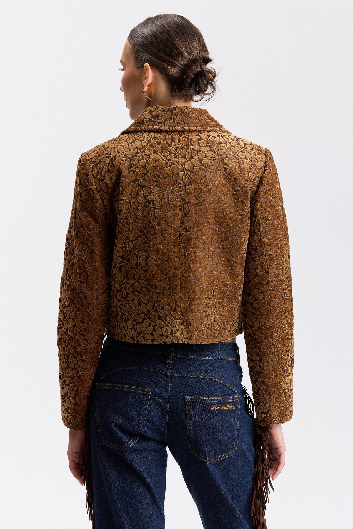 Flocked floral jacquard brown cropped jacket - Shop designer women's brown jackets by Avec Les Filles.