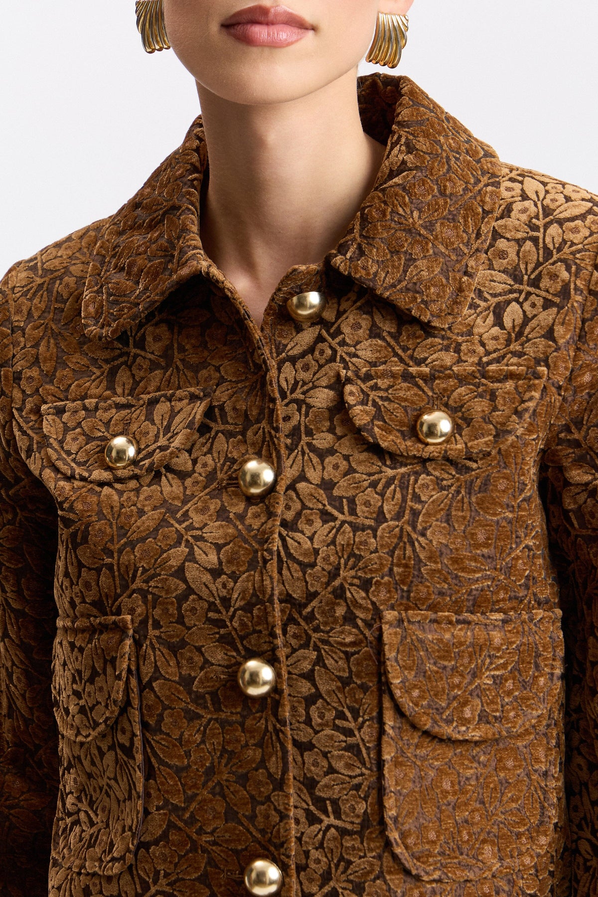 Brown cropped floral jacket with a point collar and button front - Shop women's brown jackets by Avec Les Filles.