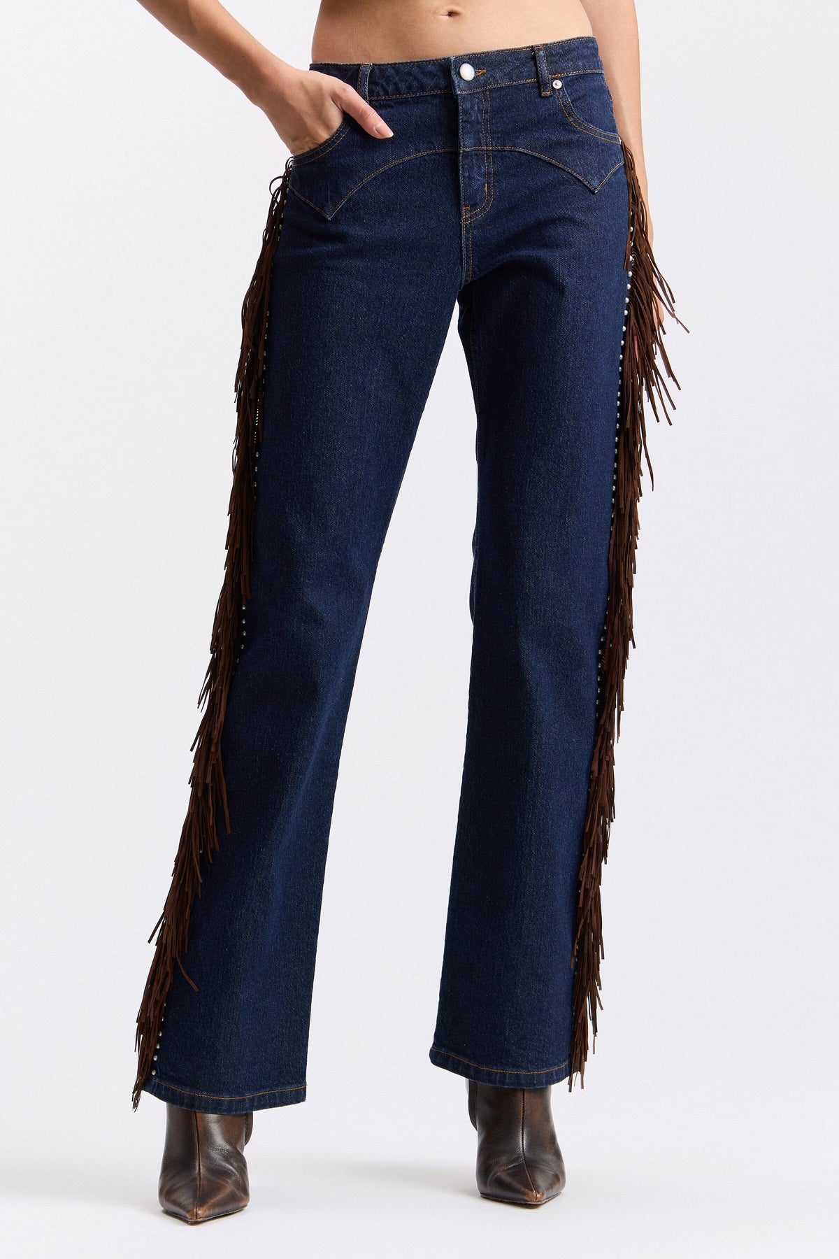 Denim dark wash bootcut fringe jeans with a low-rise waist - Shop cute fringe denim jeans by Avec Les Filles.