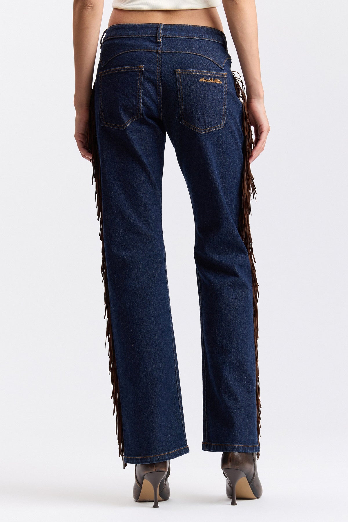Denim bootcut low rise dark wash jeans with low-rise waist - Shop cute fringe denim jeans by Avec Les Filles.