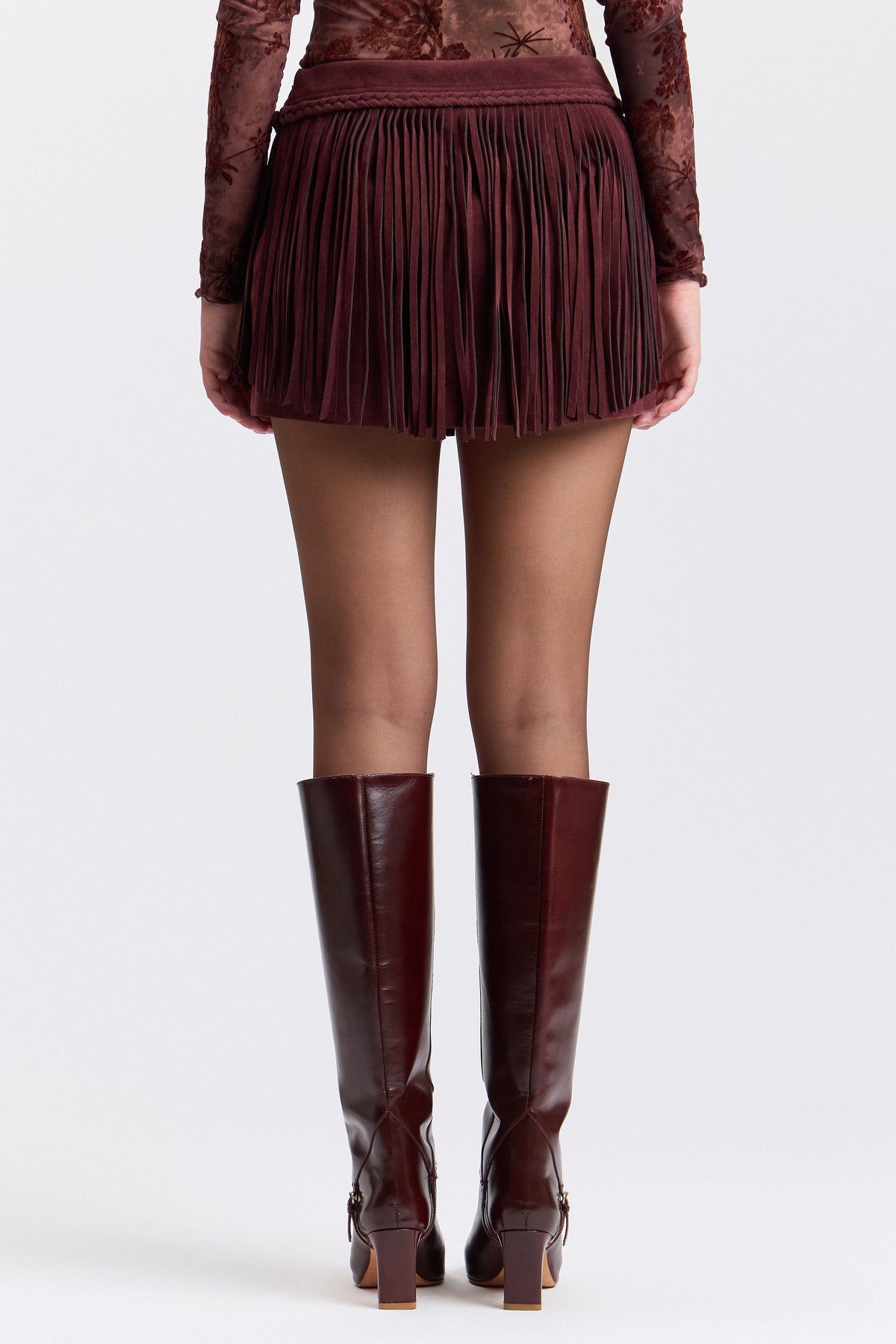 Low-rise wine faux suede skirt fringe- Shop designer women's cute mini skirts by Avec Les Filles.