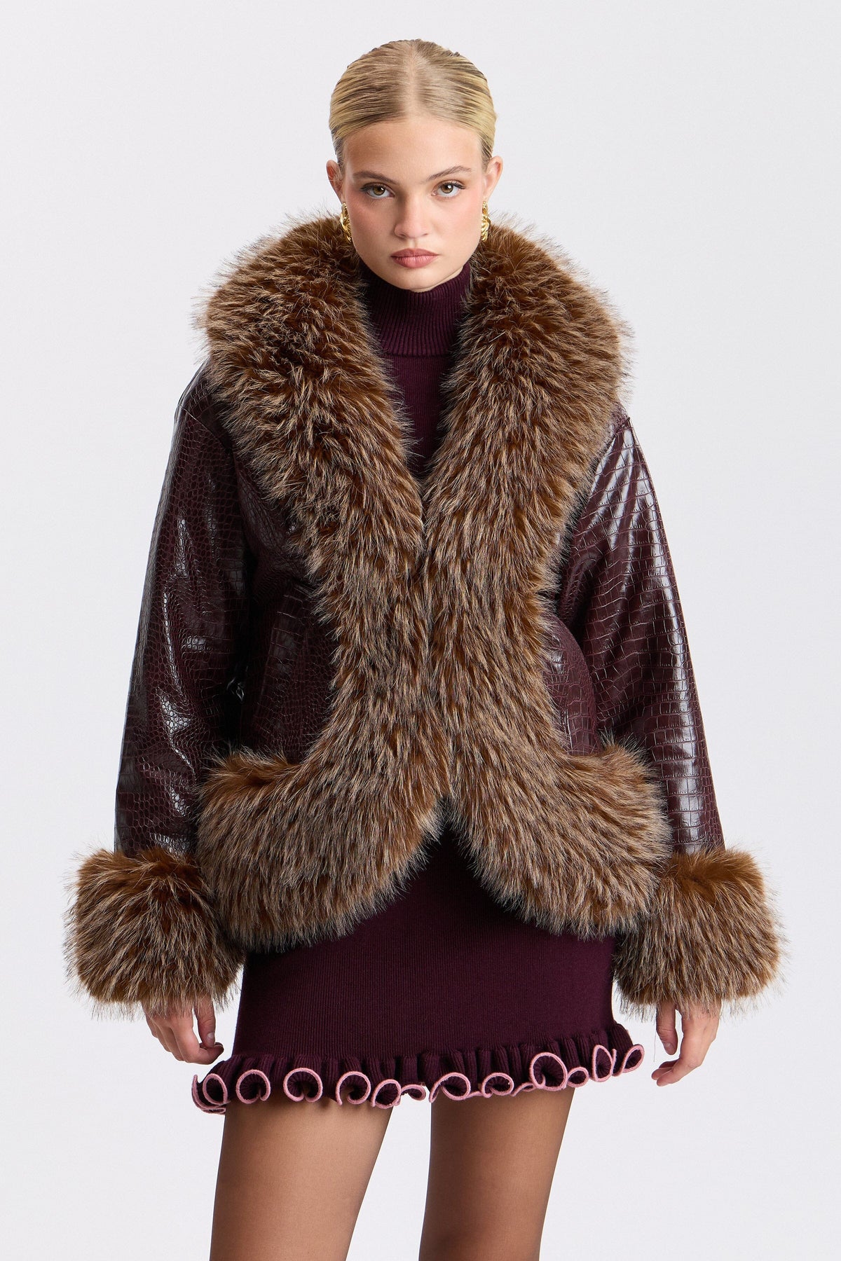 Croc-embossed faux fur and leather jacket with shawl collar. Shop women's leather jackets by Avec Les Filles.