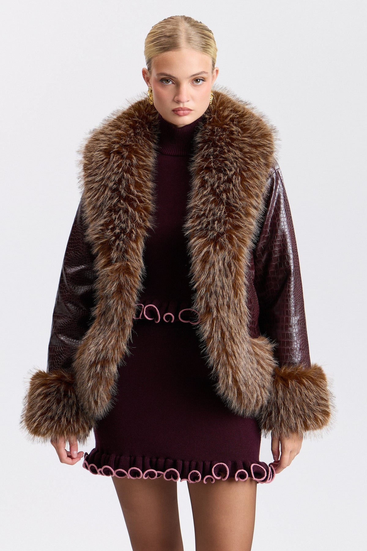 Croc-embossed cocoon faux fur leather jacket with a shawl collar - Shop leather jackets by Avec Les Filles.