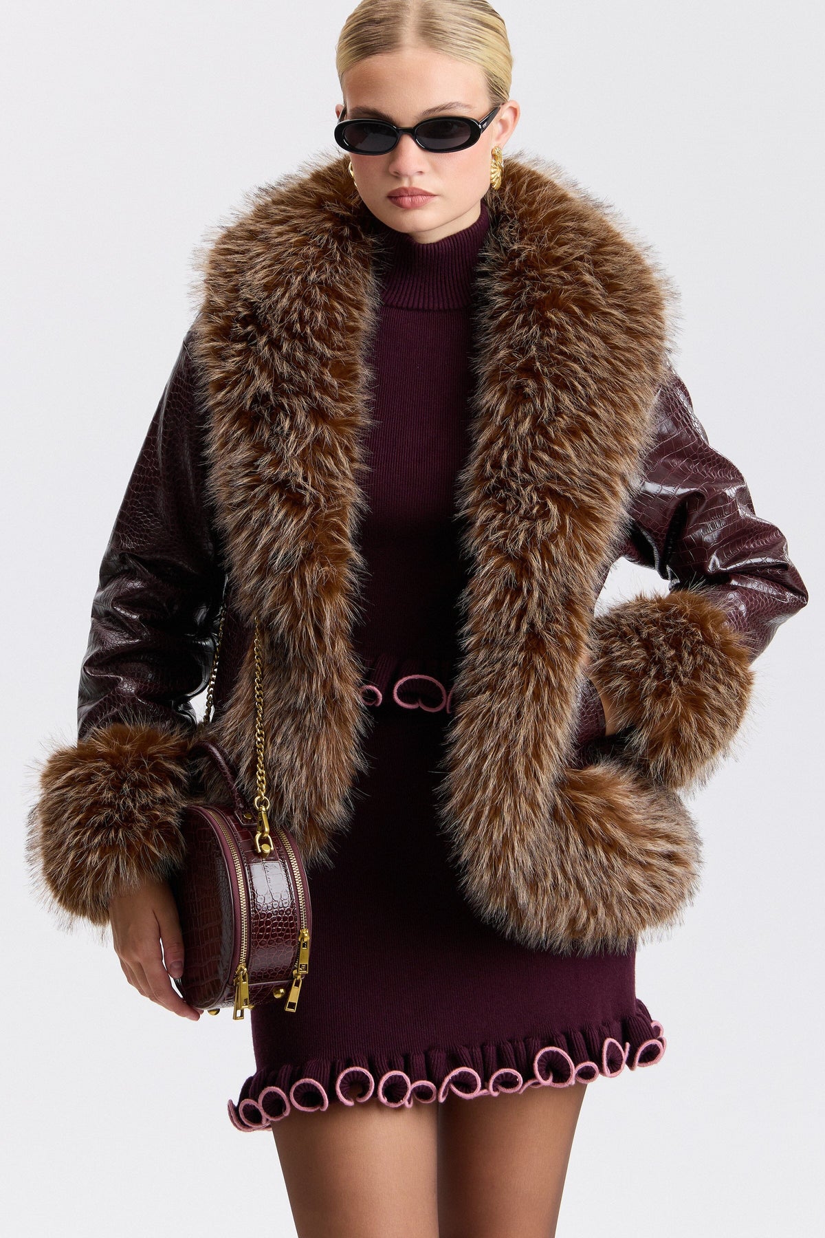 Croc-embossed faux fur faux leather jacket with a shawl collar - Shop cute leather jackets by Avec Les Filles.