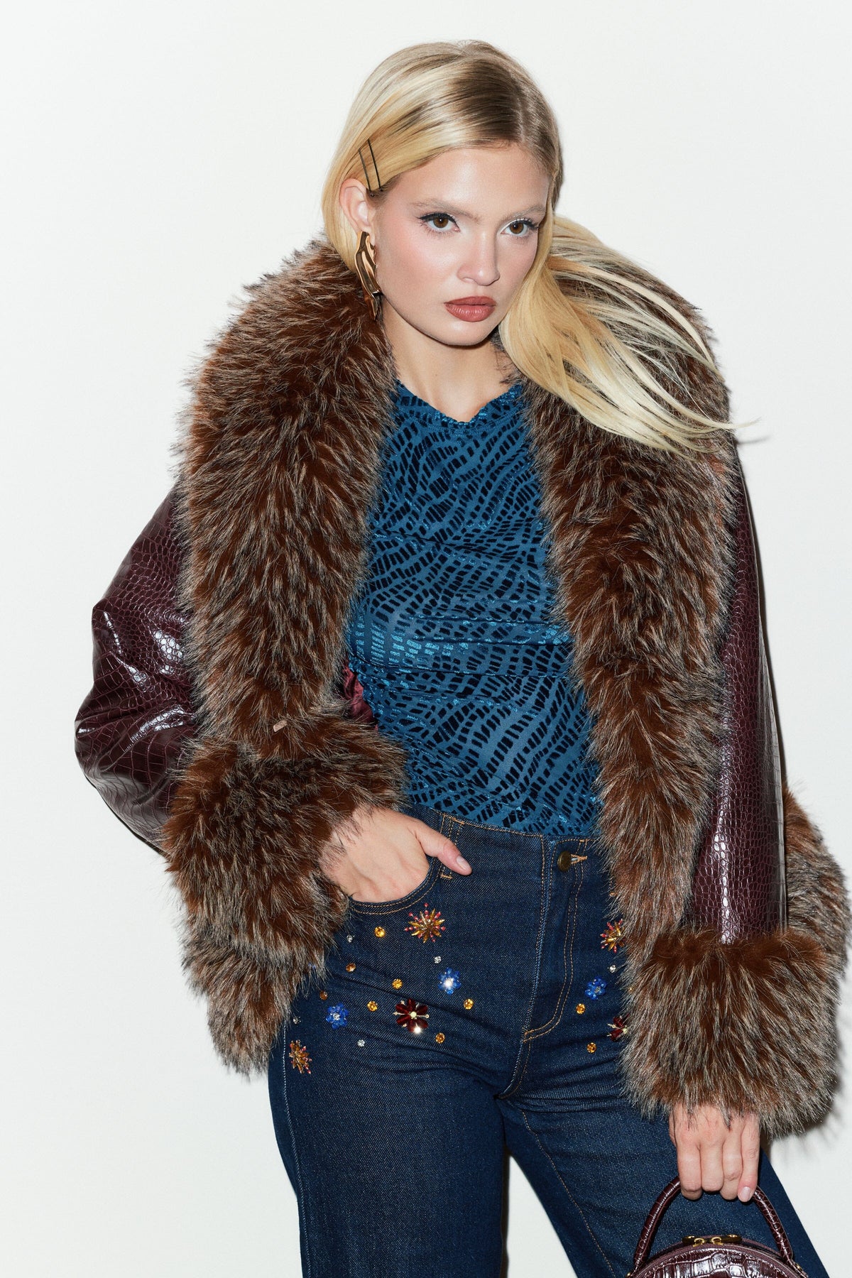 Croc-embossed cocoon faux fur leather jacket with a shawl collar - Shop cute leather jackets by Avec Les Filles.