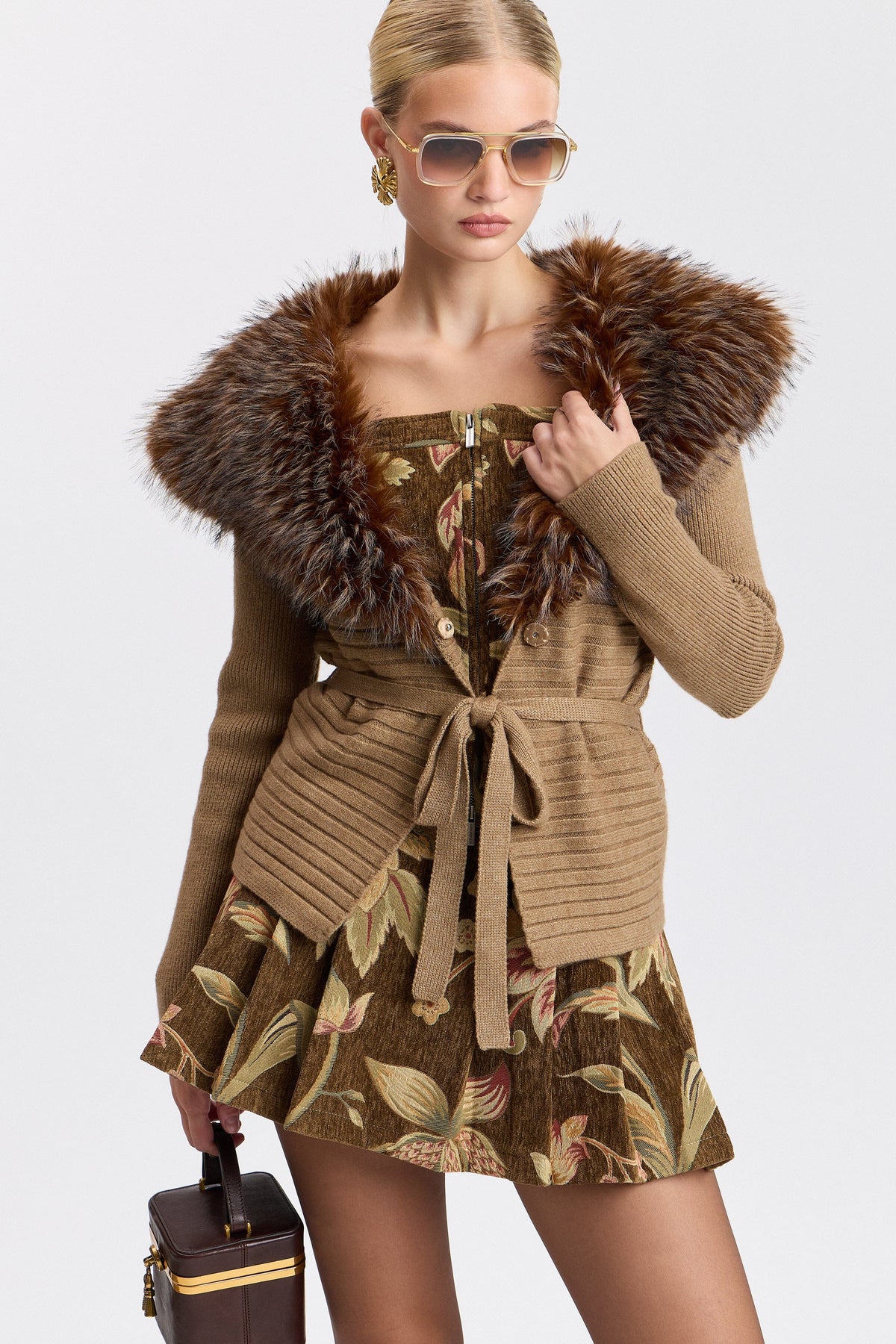 Camel fur trim cardigan with a snap front, tie waist, and shawl collar - Shop women's cardigans by Avec Les Filles.