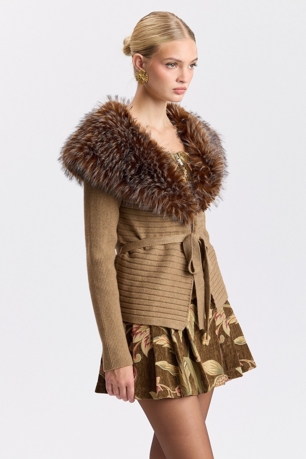 Camel front tie cardigan with a snap front and shawl collar - Shop women's cute cardigans by Avec Les Filles.