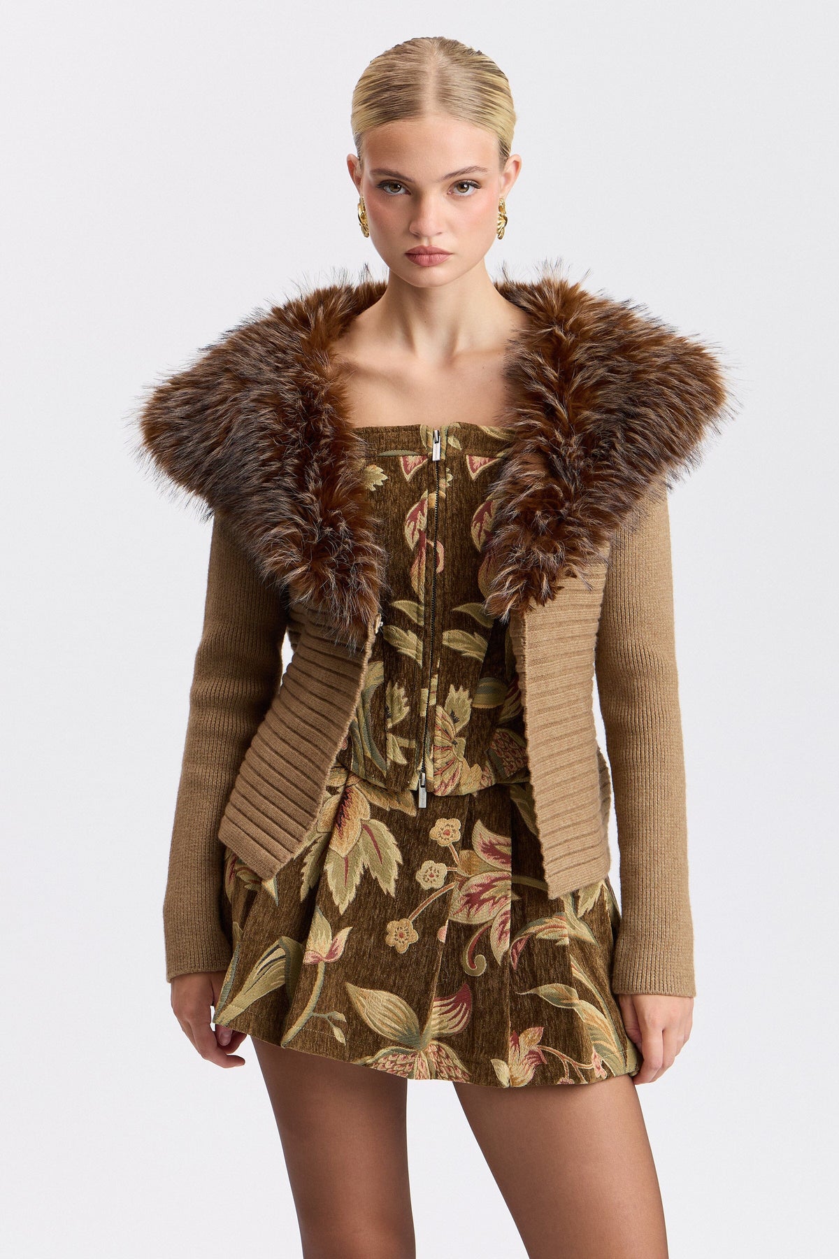 Rib-knit camel faux fur cardigan with a snap front and shawl collar - Shop women's cardigans by Avec Les Filles.