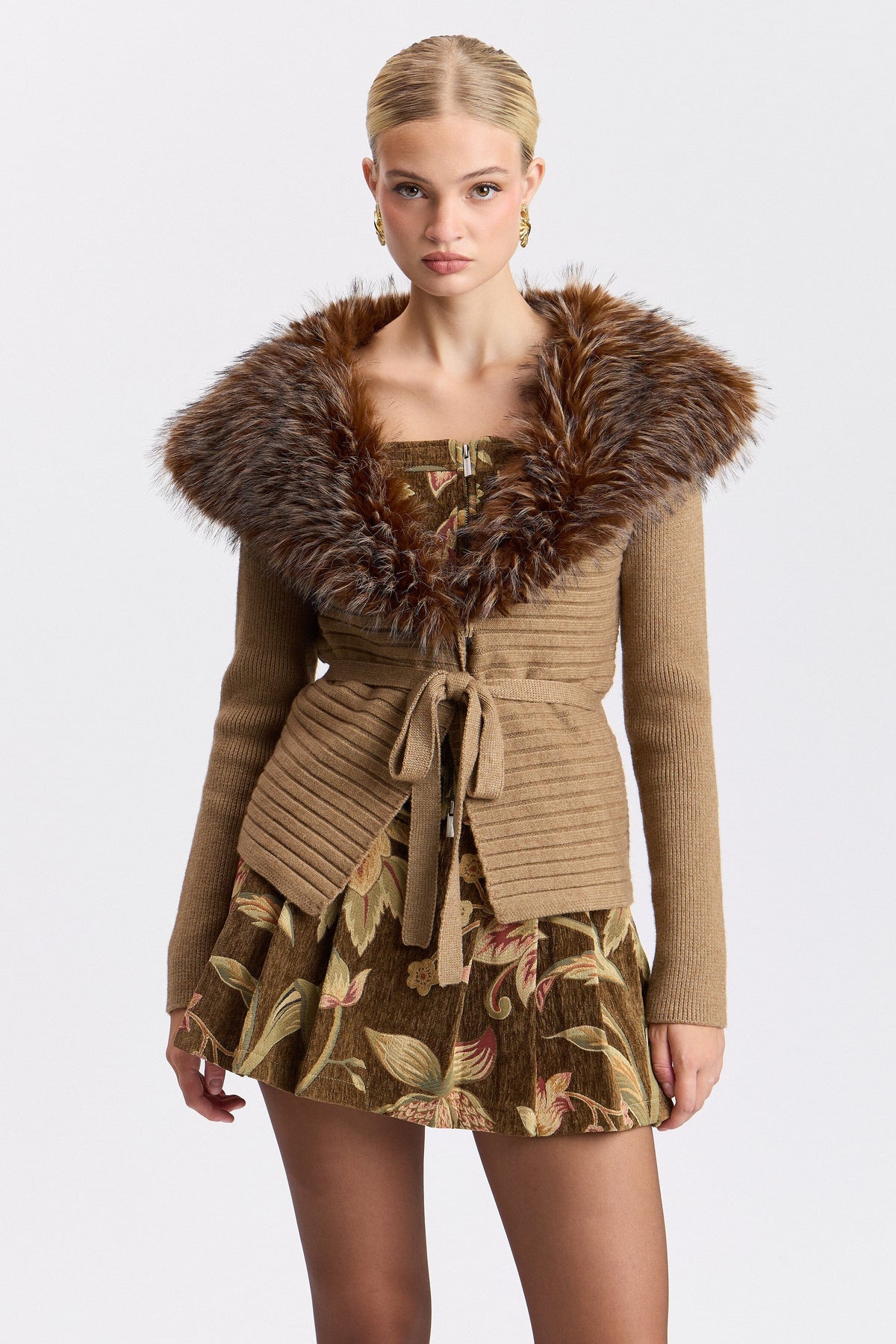 Camel tie front cardigan sweater with a snap front and shawl collar - Shop women's cardigans by Avec Les Filles.