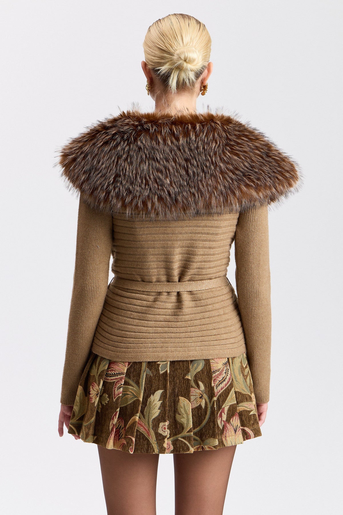 Rib-knit faux fur tan cardigan with shawl collar - Shop designer women's cute cardigans by Avec Les Filles.