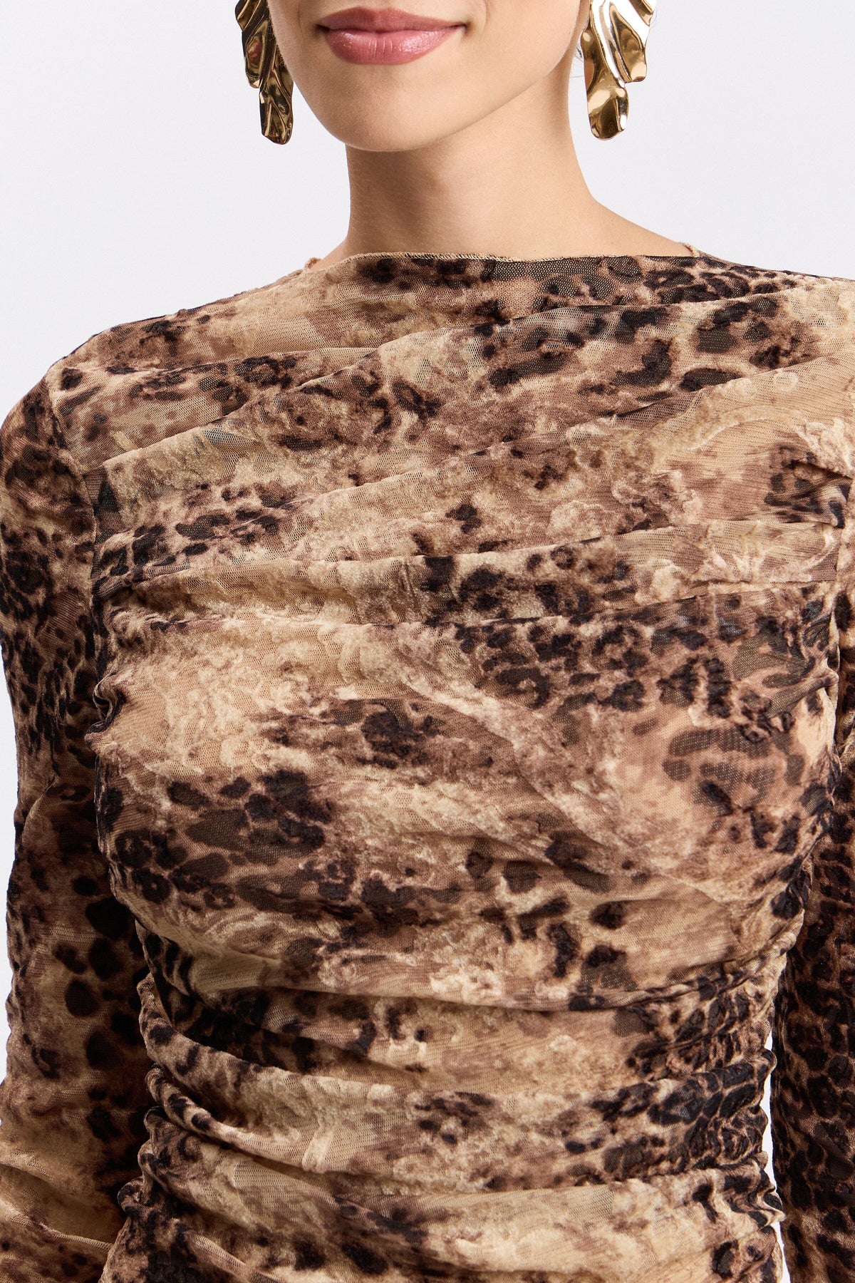 Burnout ruched funnel-neck leopard top with long sleeves - Shop women's cute printed tops by Avec Les Filles.