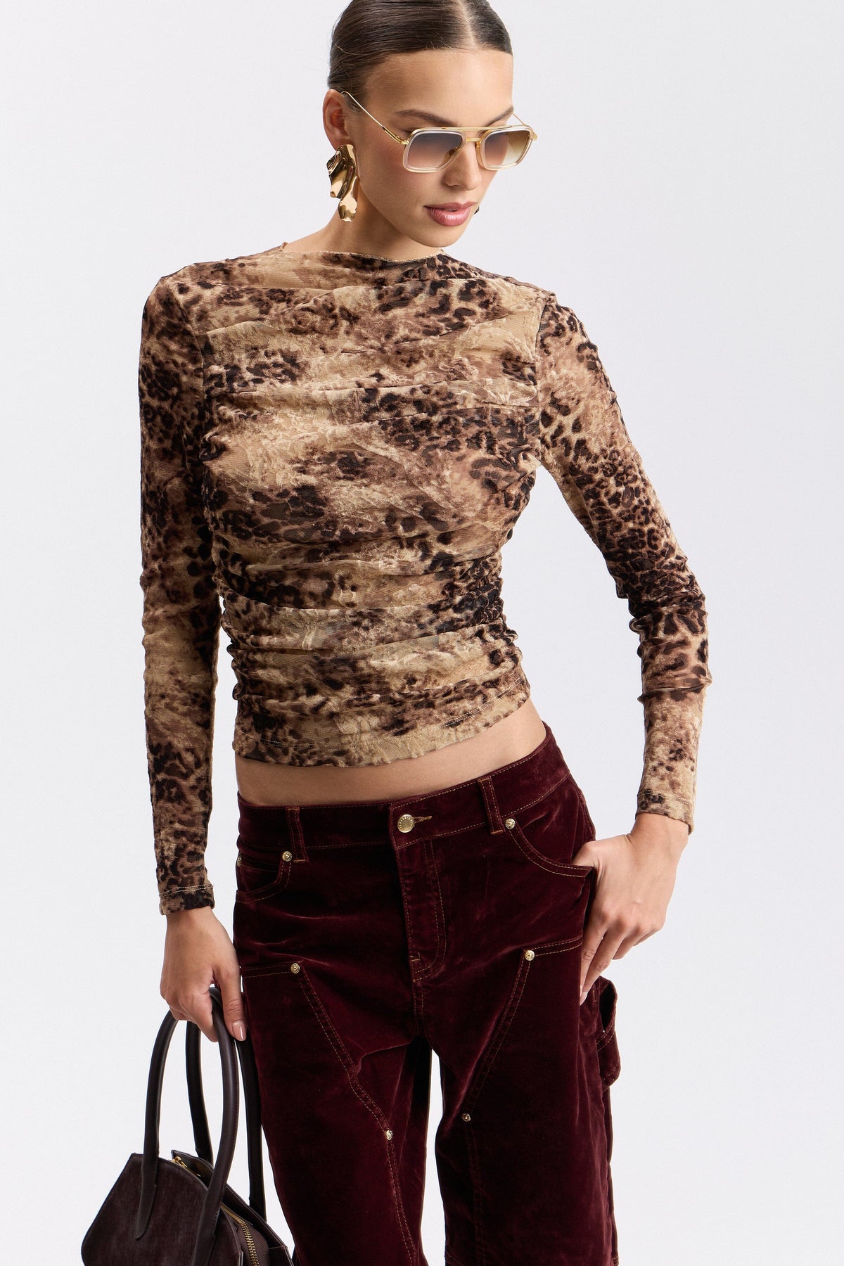 Burnout ruched funnel-neck cheetah print top with long sleeves - Shop cute printed tops by Avec Les Filles.