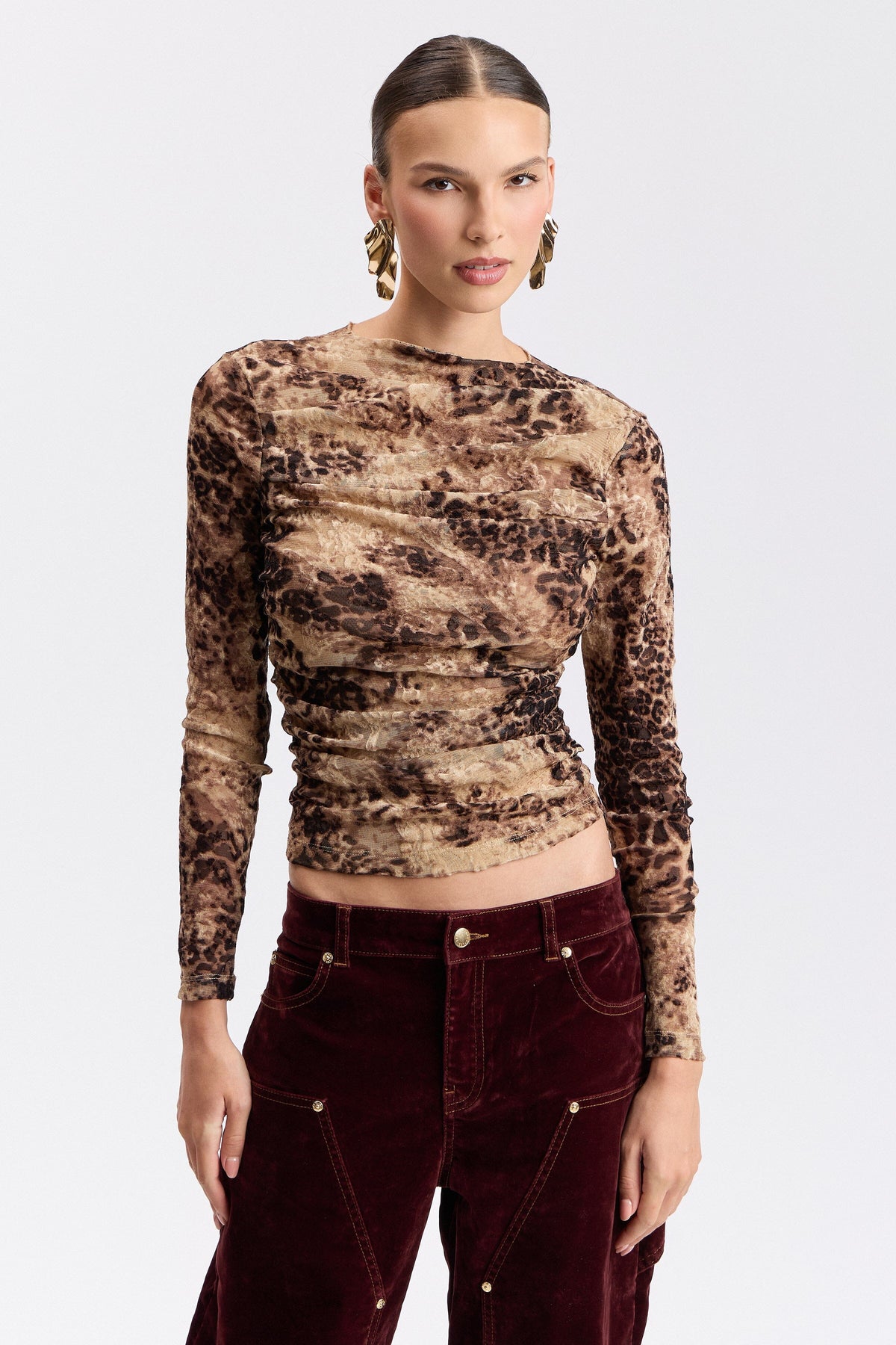 Burnout ruched funnel-neck cheetah top with long sleeves  - Shop women's cute printed tops by Avec Les Filles.