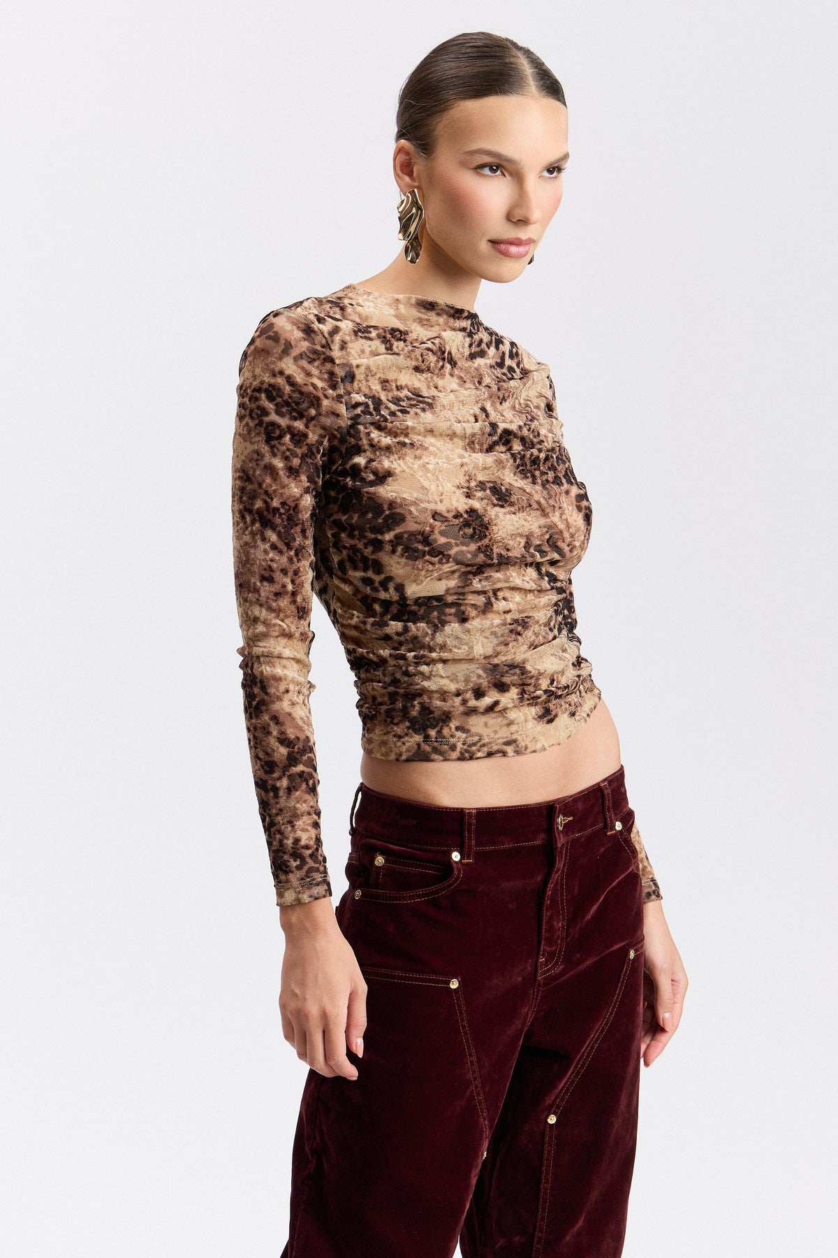 Burnout ruched funnel-neck cheetah top with long sleeves - Shop cute cheetah print tops by Avec Les Filles.