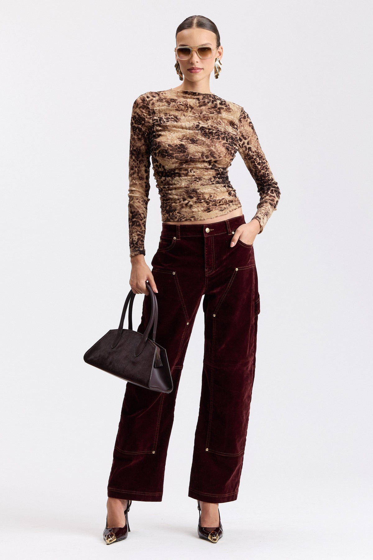 Burnout ruched long sleeve cheetah top with fitted silhouette - Shop cute printed tops by Avec Les Filles.