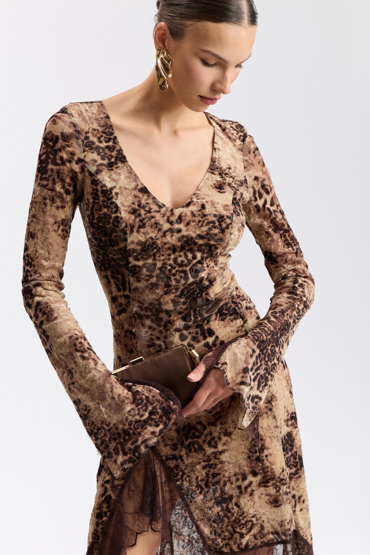 Midi leopard dress with deep V-neck and long sleeves - Shop designer women's cute printed dresses by Avec Les Filles.