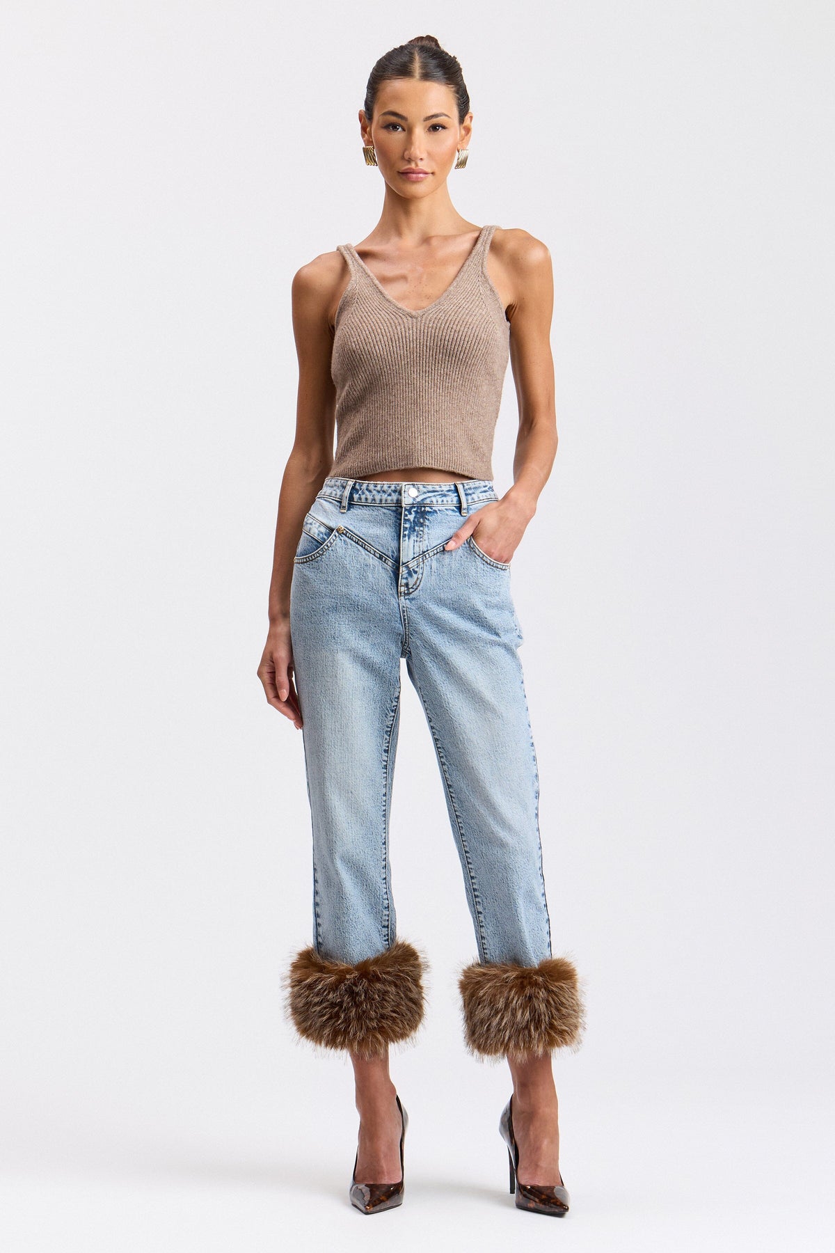 Denim faux-fur cuff stretch straight jeans with a high rise - Shop women's denim jeans by Avec Les Filles.