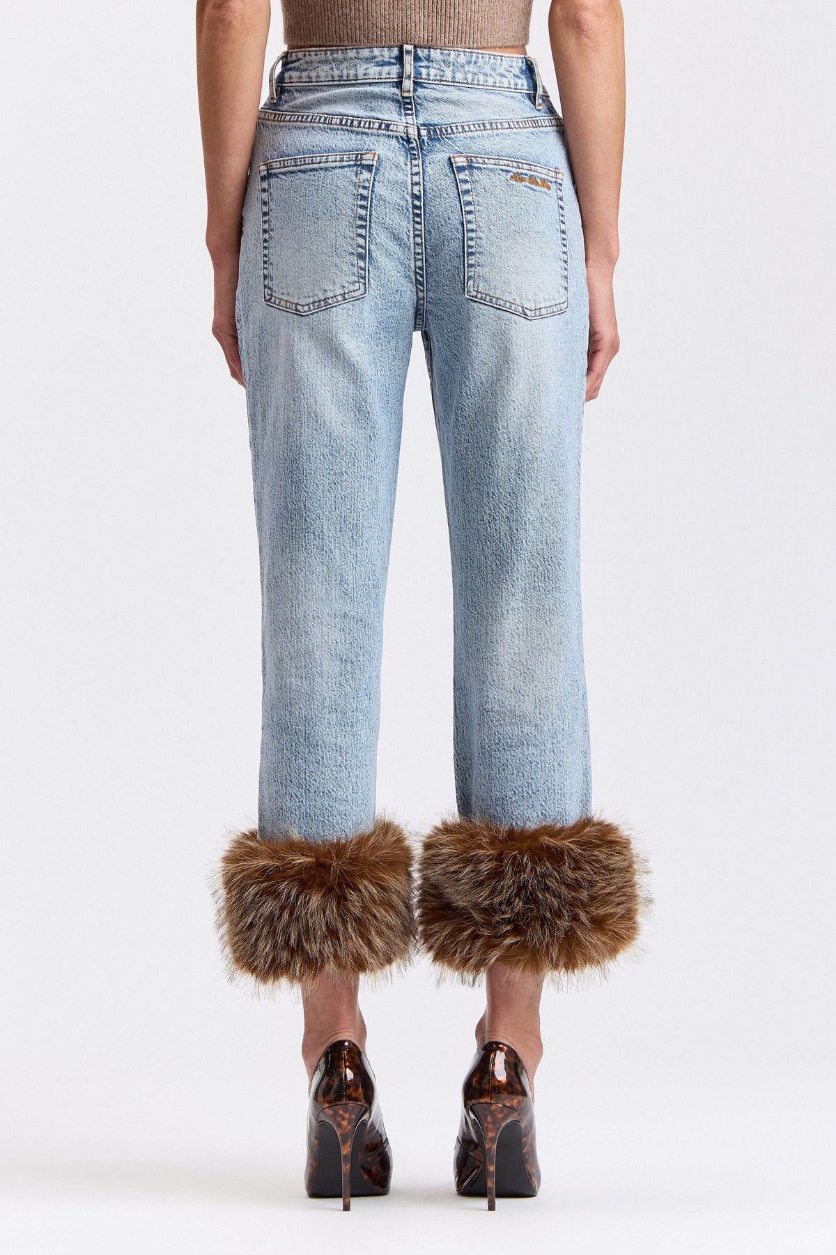 Denim fur trimmed pants jeans with a high rise - Shop designer women's cute denim jeans by Avec Les Filles.