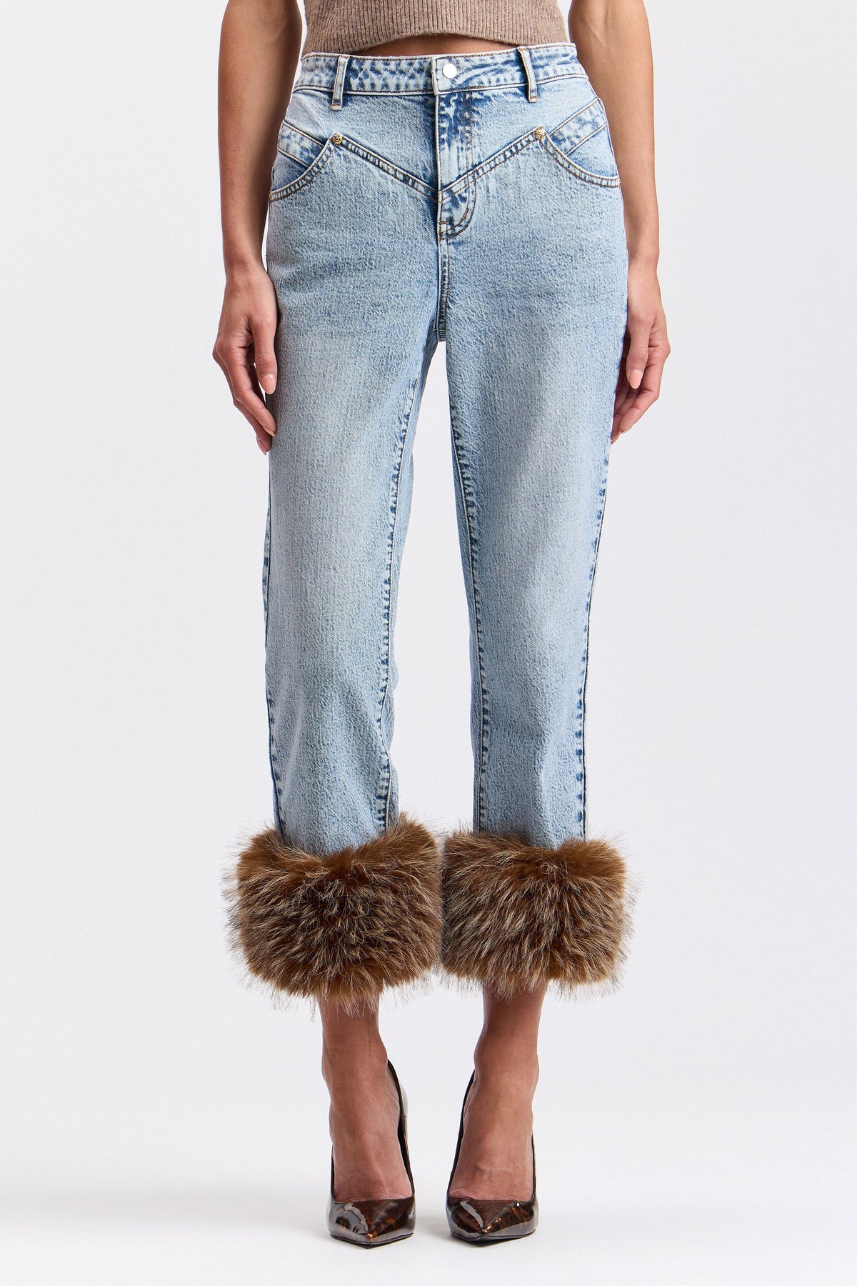 Denim fur trim jeans in a cotton blend with high rise - Shop women's cute denim jeans by Avec Les Filles.