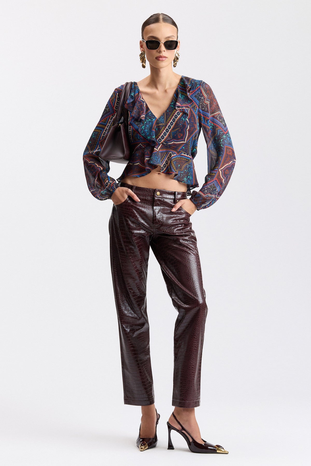 Straight-leg faux leather pants in a cotton blend - Shop designer croc leather pants by Avec Les Filles.