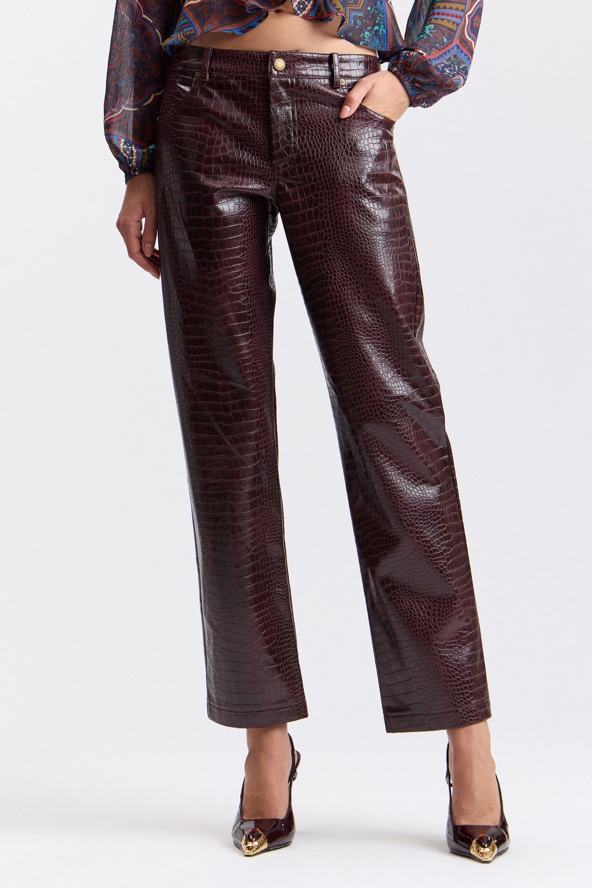 Croc-embossed straight-leg faux leather pant with pockets - Shop cute croc leather pants by Avec Les Filles.