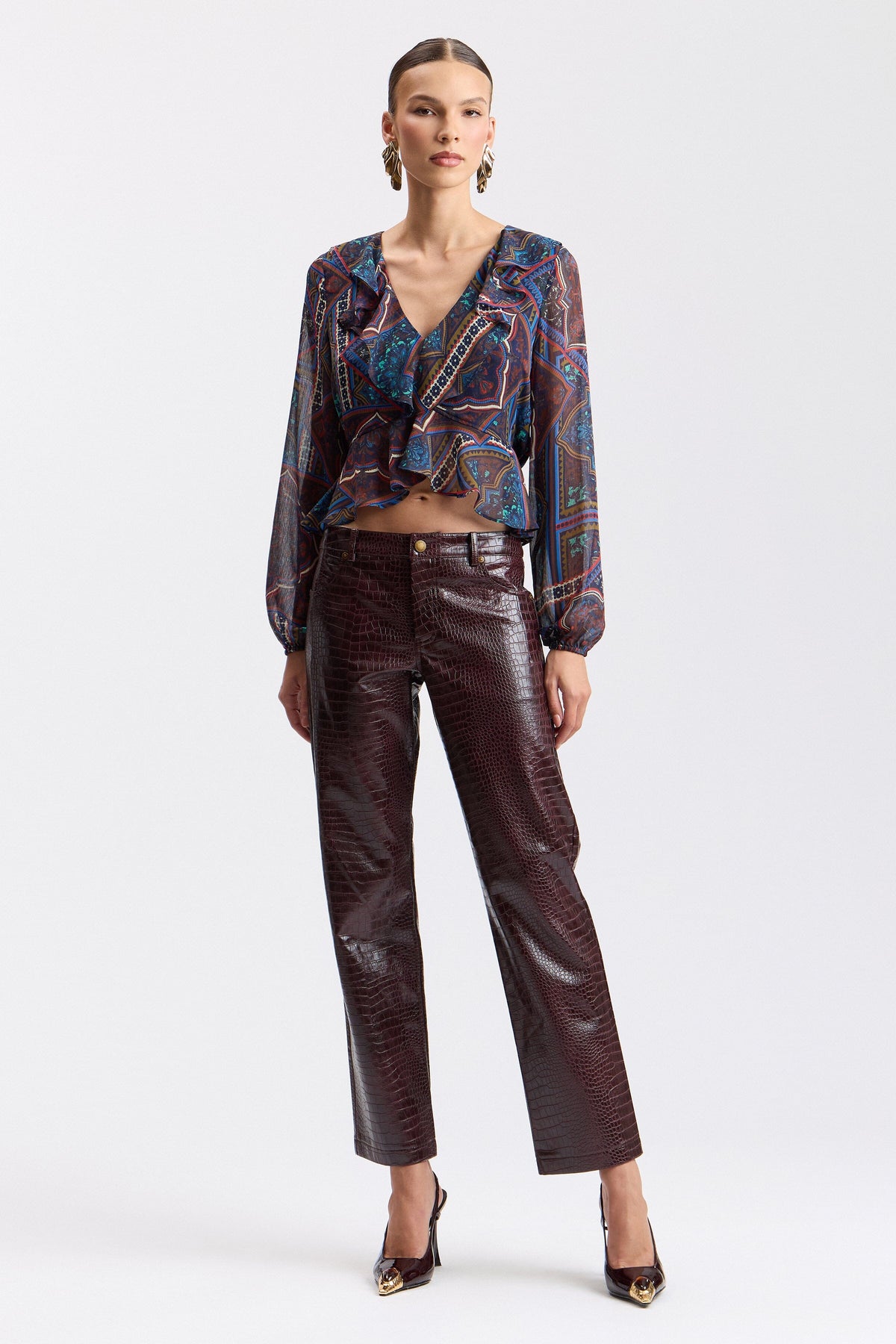 Croc-embossed straight-leg faux leather pants - Shop designer women's croc leather pants by Avec Les Filles.