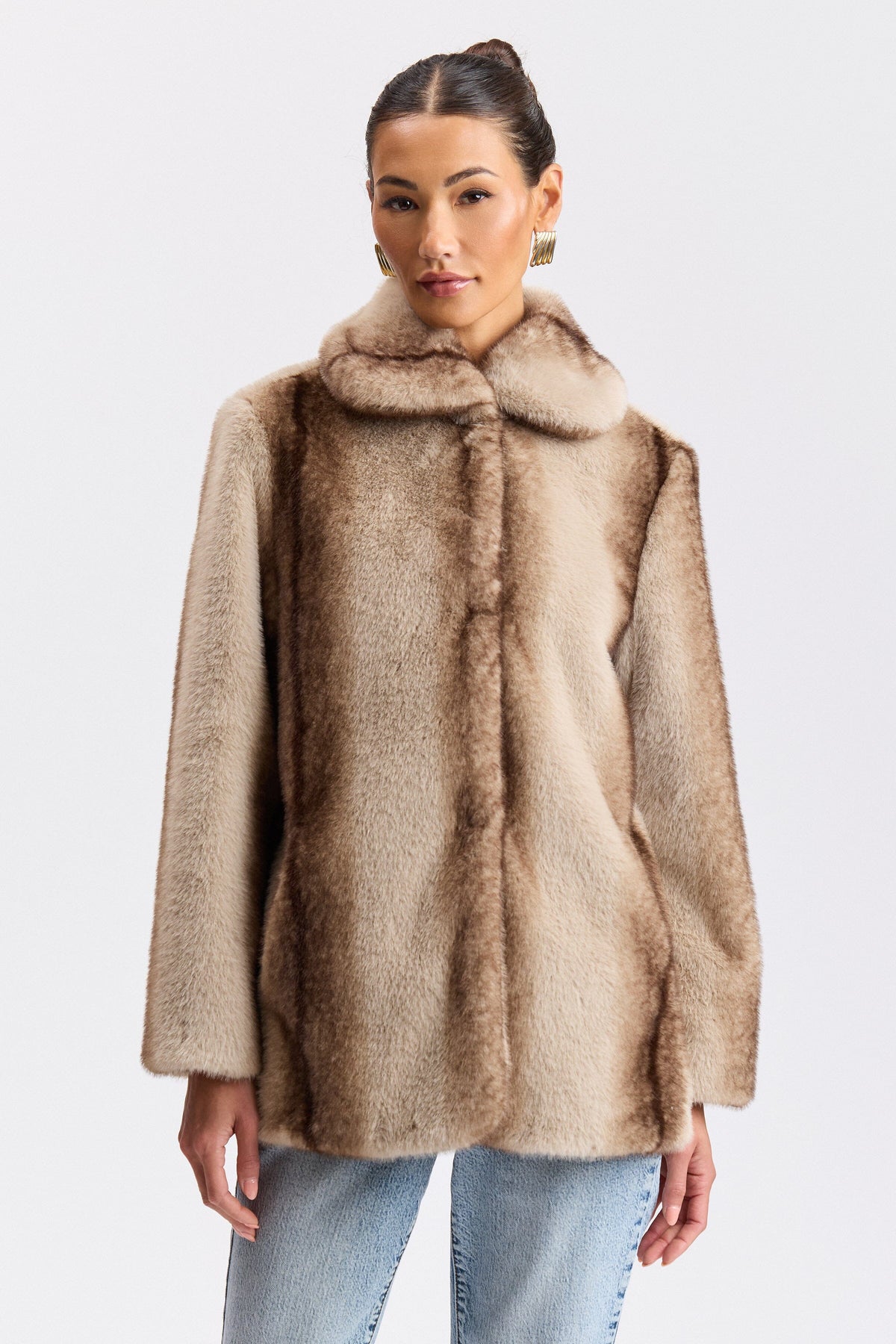 Brown fur coat with a centre-front and an high collar - Shop designer women's cute coats & jackets by Avec Les Filles.