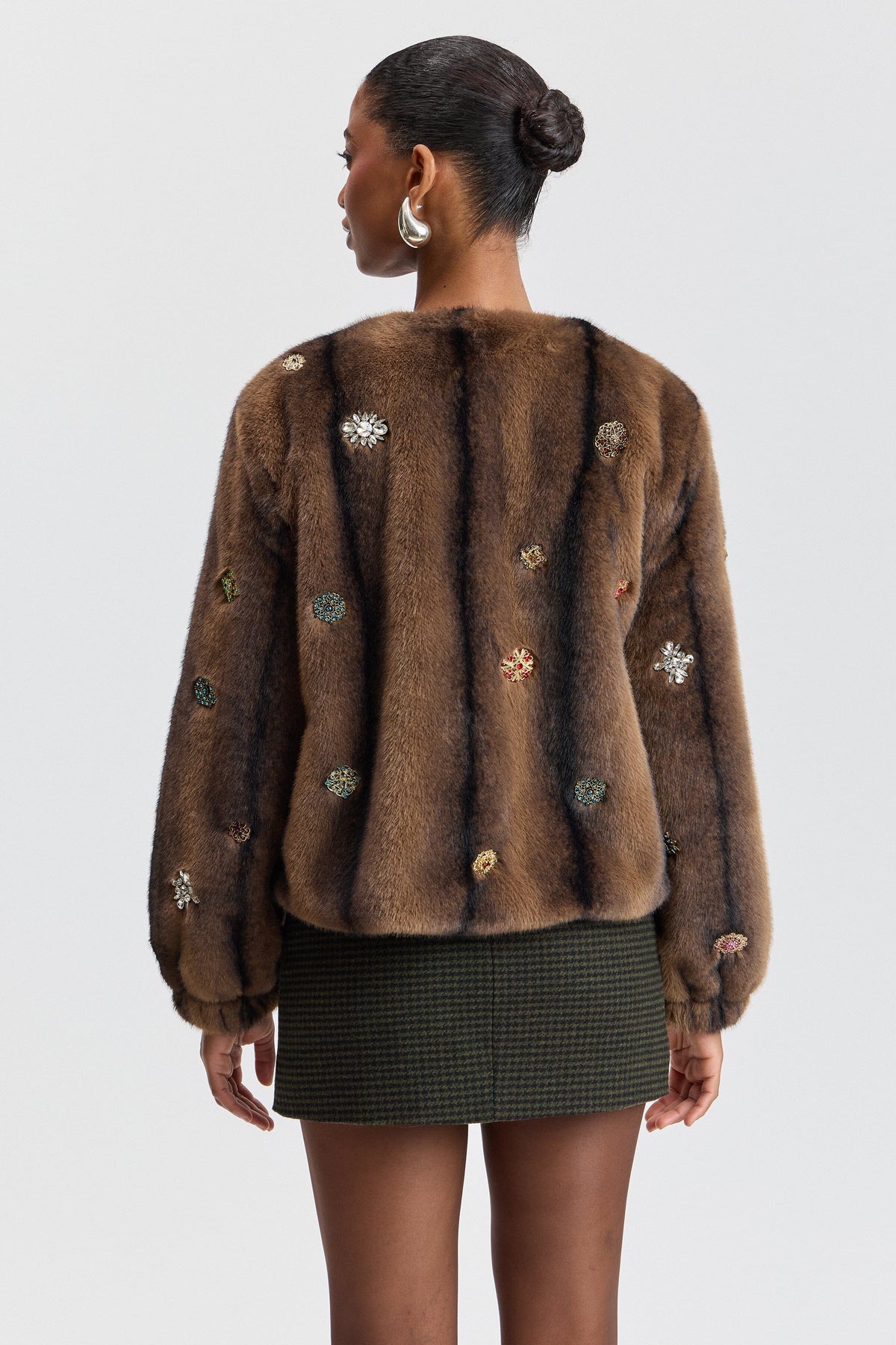 Jeweled light brown faux fur jackets with appliqués on the front - Shop designer women's cute jackets by Avec Les Filles.