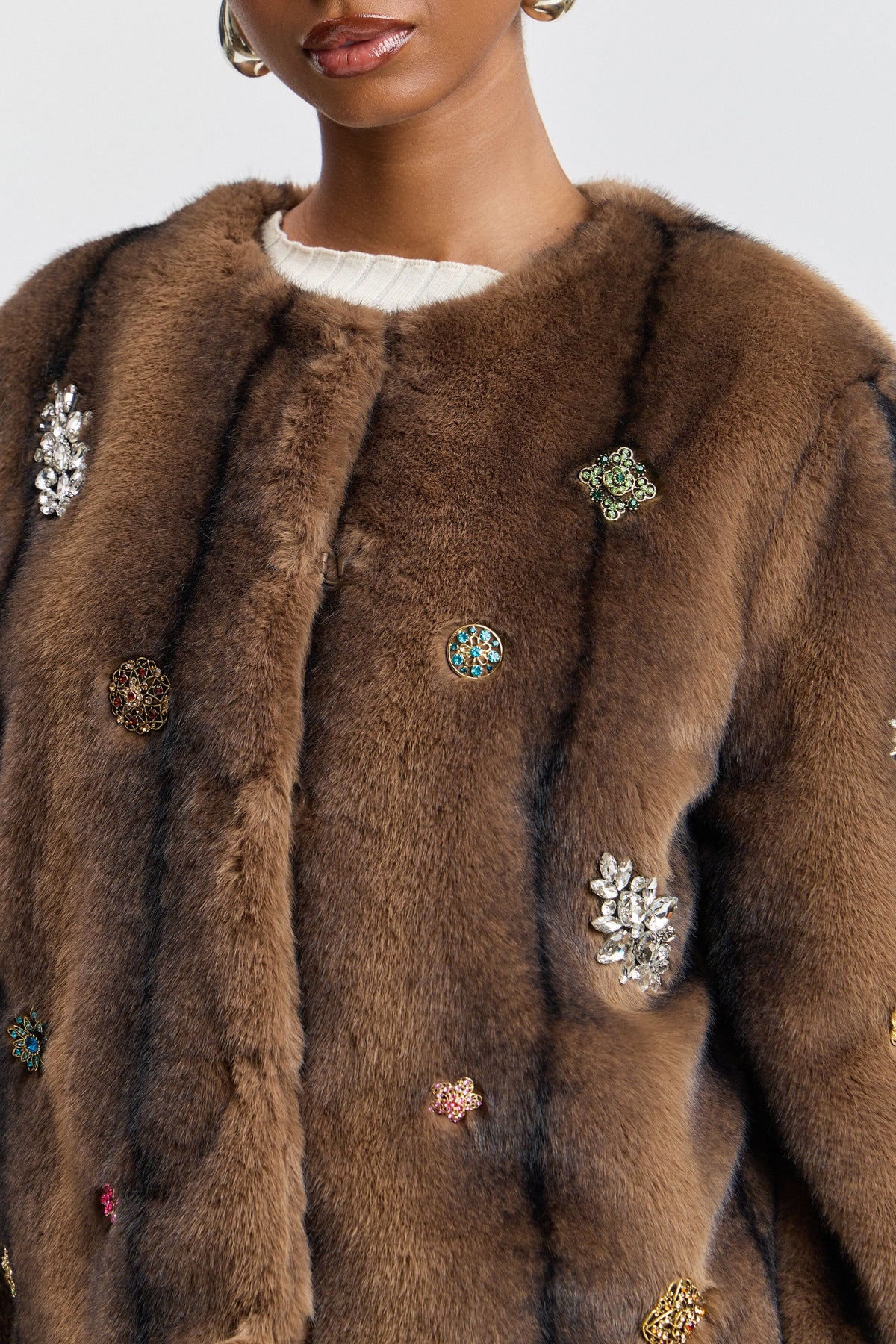 Brown faux fur coat with appliqués on the front and a crew neck - Shop women's cute faux fur jackets by Avec Les Filles.