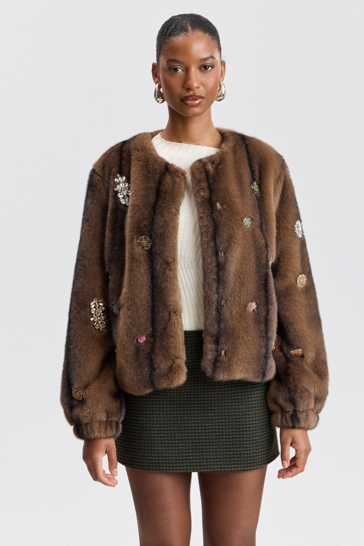 Jeweled brown fur jacket with appliqués on the front and a crew neck - Shop cute faux fur jackets by Avec Les Filles.