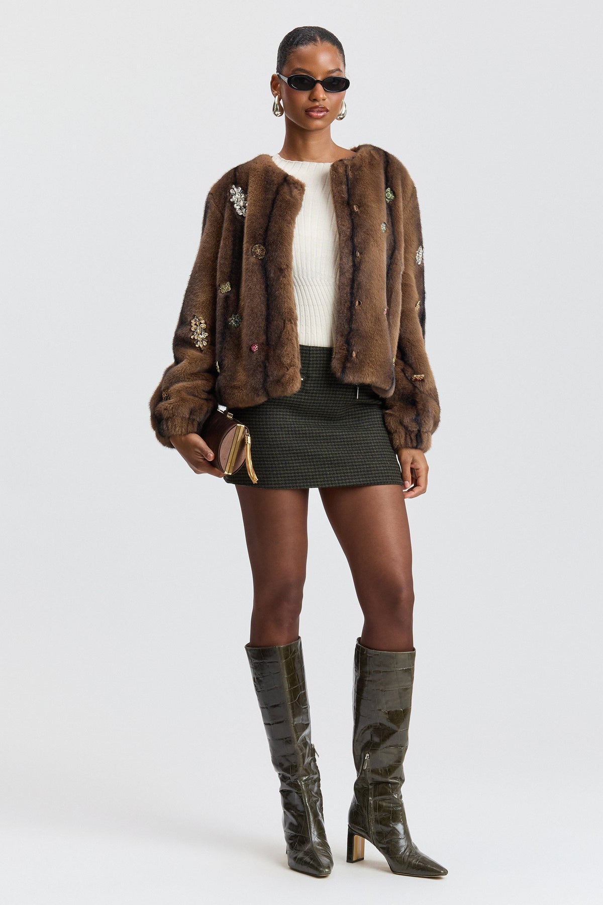 Jeweled light brown faux fur jacket with appliqués on the front - Shop designer faux fur jackets by Avec Les Filles.