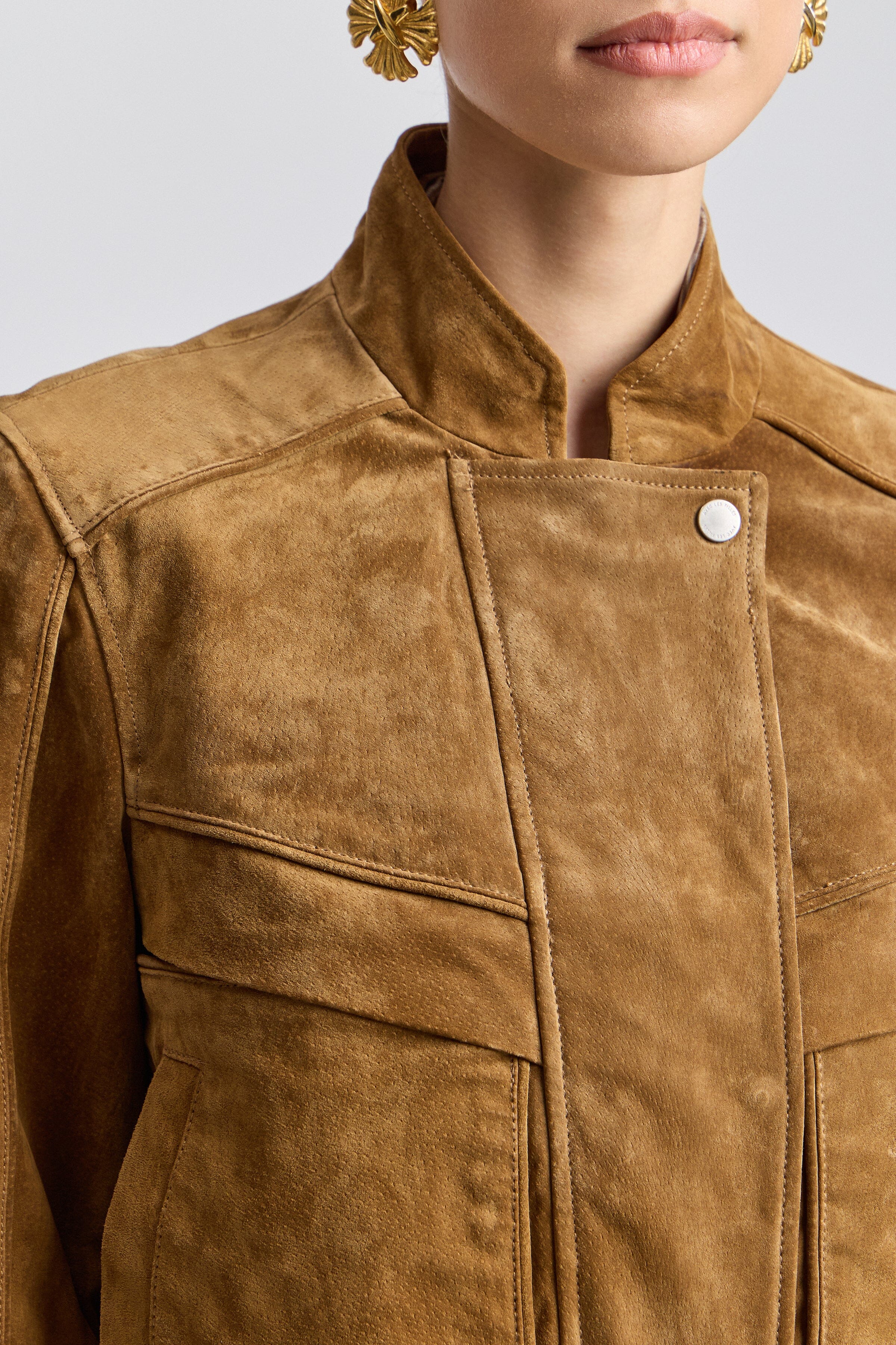 Light brown real suede jackets for women with asymmetrical fronts - Shop designer jackets by Avec Les Filles.